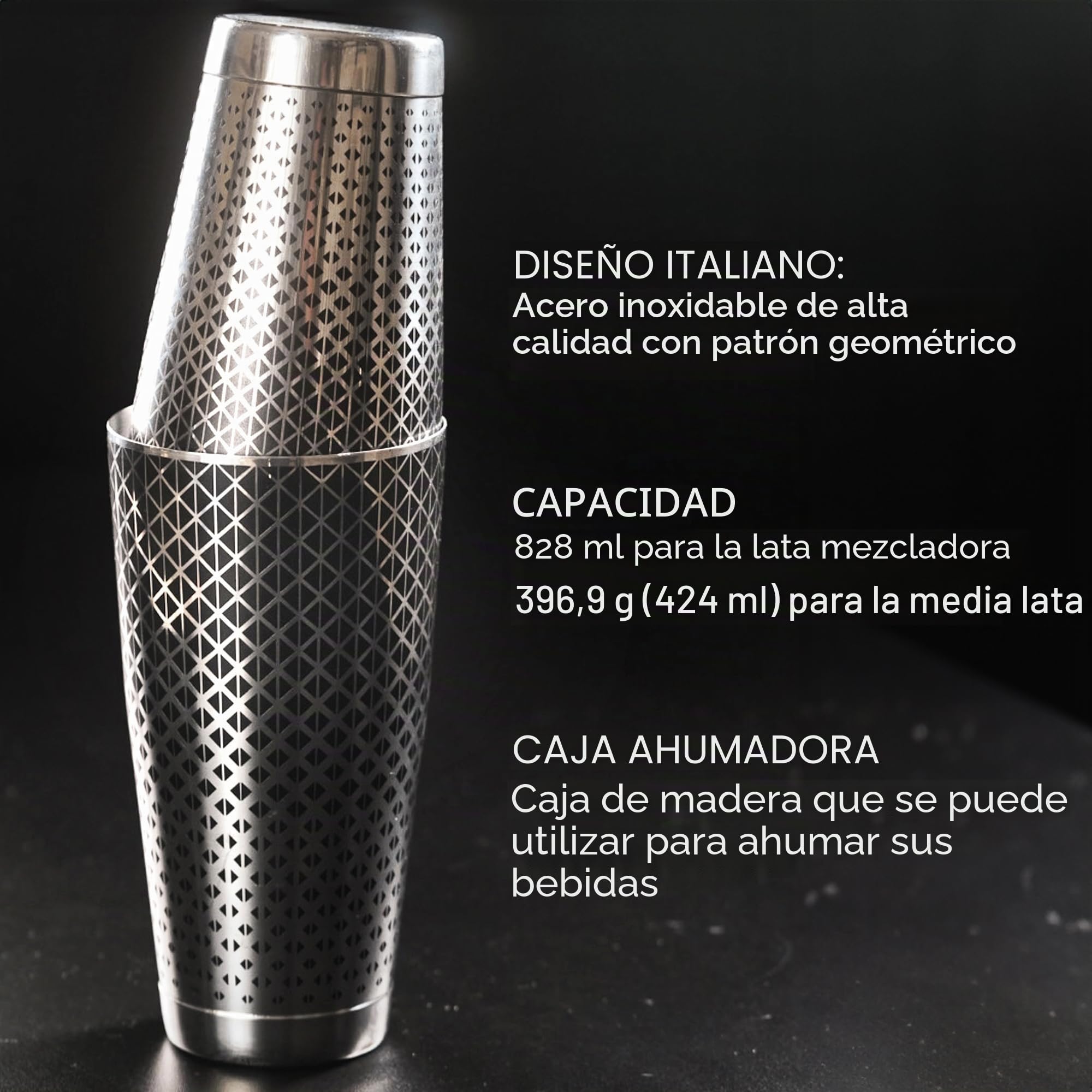 Kidia Boston Shaker Profesional de Acero Inox 304 con Patrón Geométrico Negro – Set 2 Tin 828 ml + 424 ml – Estuche de Madera Incluido – Kit Bartender, Bar, Hogar, Regalo Elegante