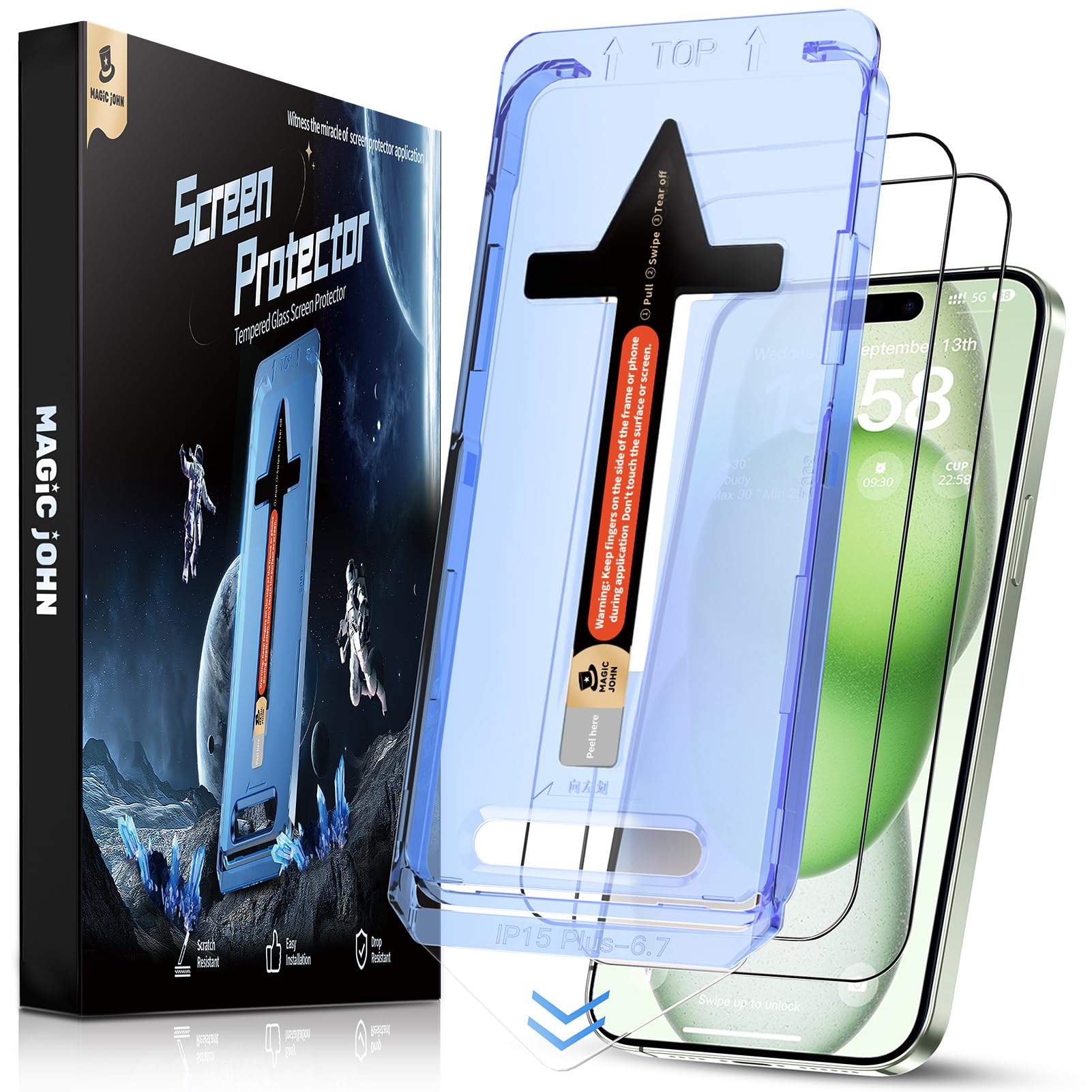 MAGIC JOHN 2 Pack for iPhone 15 Plus 6.7 inch Tempered Glass Screen Protector, Auto Dust-Elimination Installation