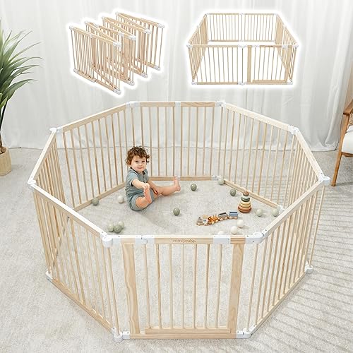 Miniatura 1 de Corralito para bebés y puerta de bebé para niños pequeños y bebés, plegable de madera de forma grande y tamaño ajustable, valla de juego con centro