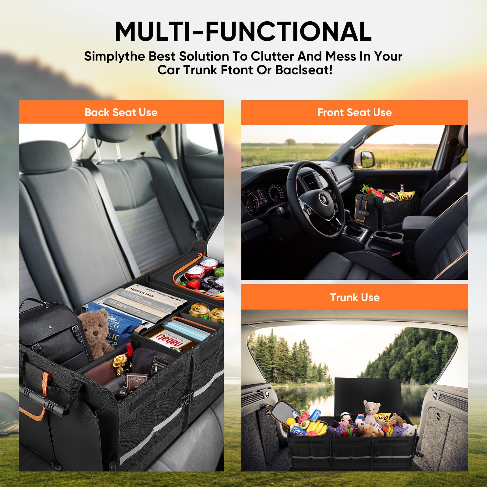 105L Rangement Coffre de Voiture, Trunk Organizer Organisateur Coffre Voiture avec 25L Sac Isolant Amovible, 7 Compartiments Ajustables,Sac de Rangement Pliable avec Couvercle,Fond Antidérapant
