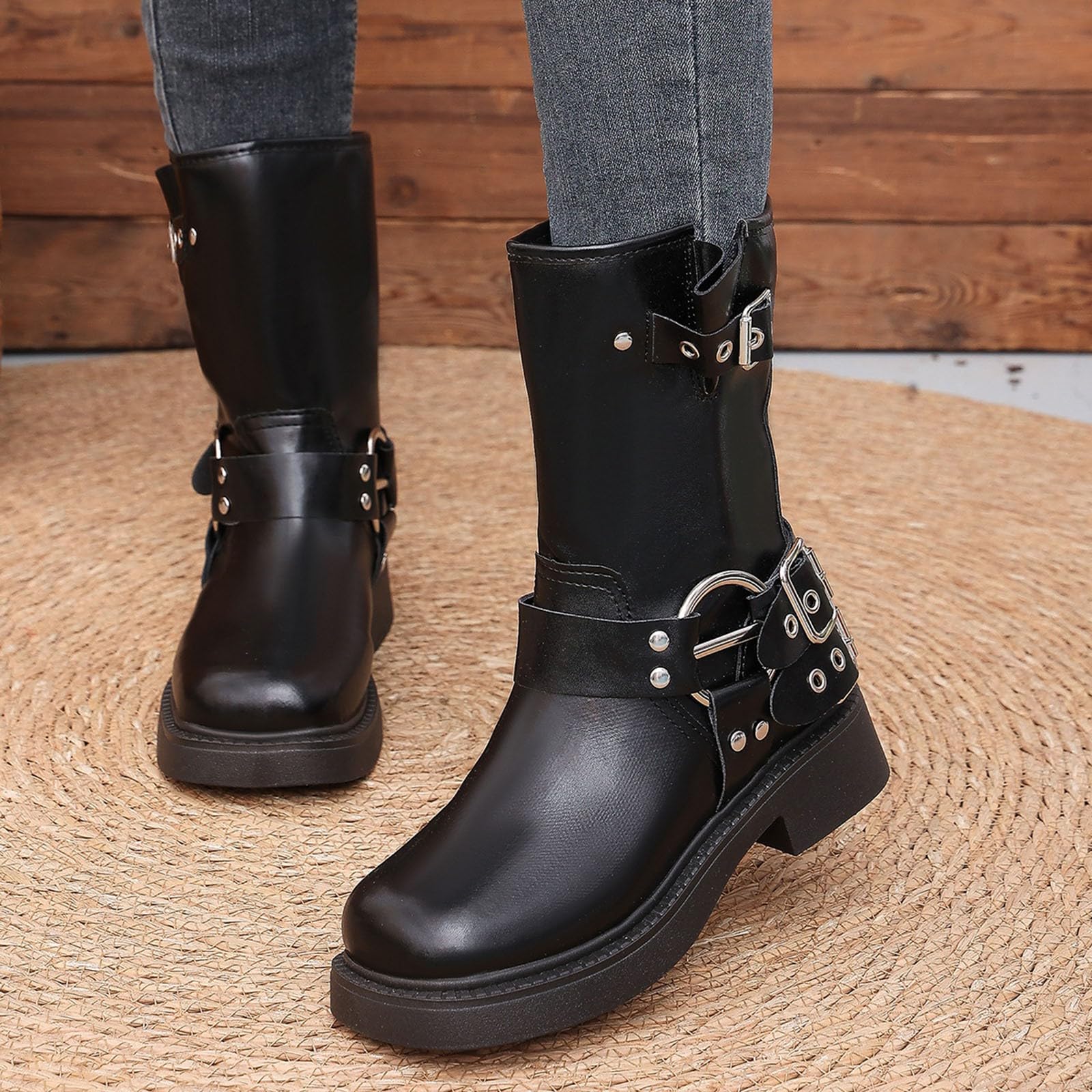 Botas por Encima de la Rodilla Botas de Media caña con Punta Redonda, Estilo Vaquero Occidental, para Mujer.
