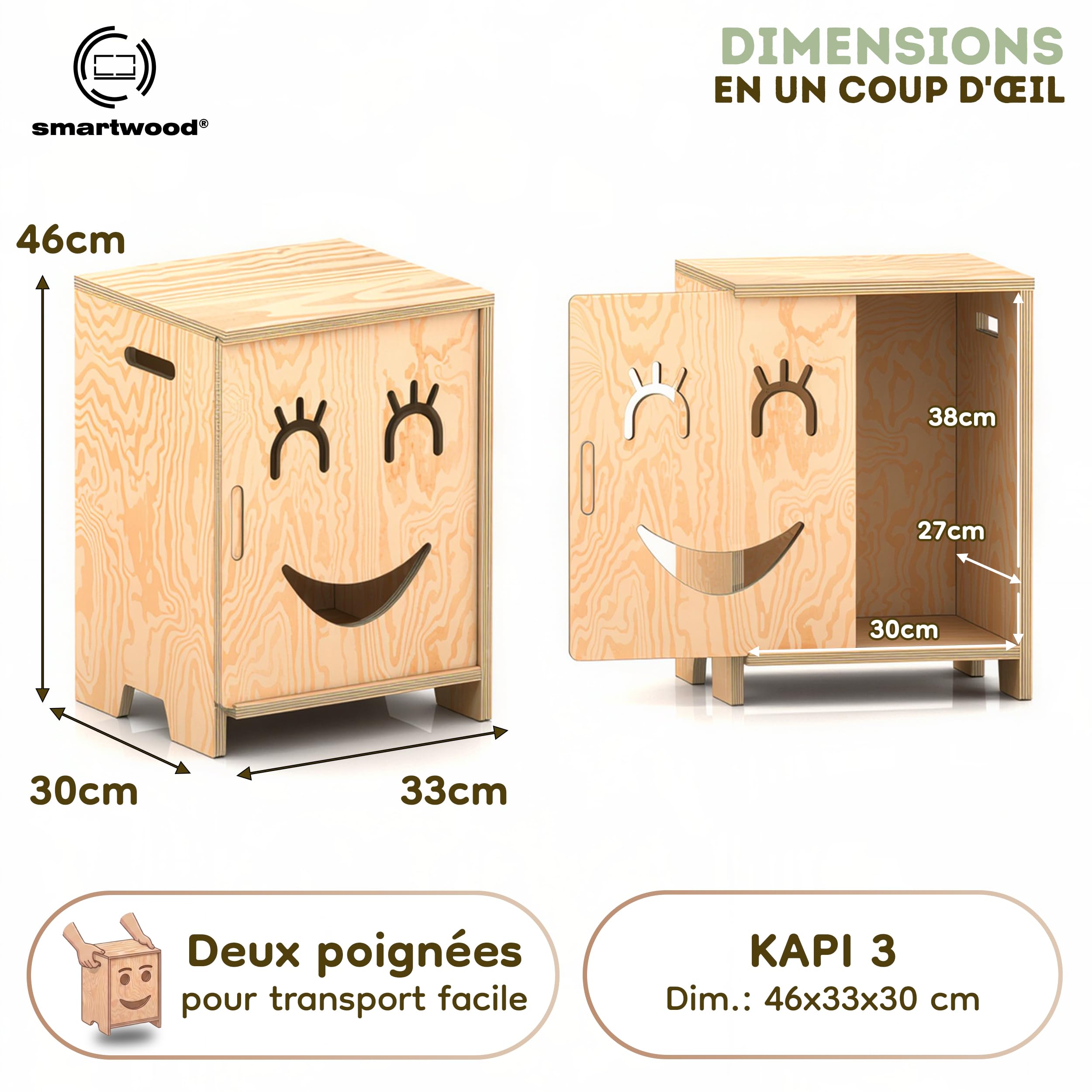 smartwood Table de Chevet Enfant - Table de Nuit Montessori en Contreplaqué de Pin Certifié FSC - Design adapté aux Enfants, Construction Stable & Montage Facile - KAPI 3P
