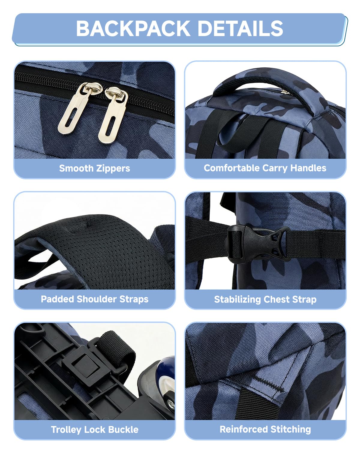 Amythe Zaino Scuola con Ruote per Ragazzi 6 Ruote Camouflage Nero | Trolley Scolastico con Carrello Estraibile, Zaino Ragazzo Scuola Elementare Medie e Superiori, PC 15.6", Ritorno / Viaggi