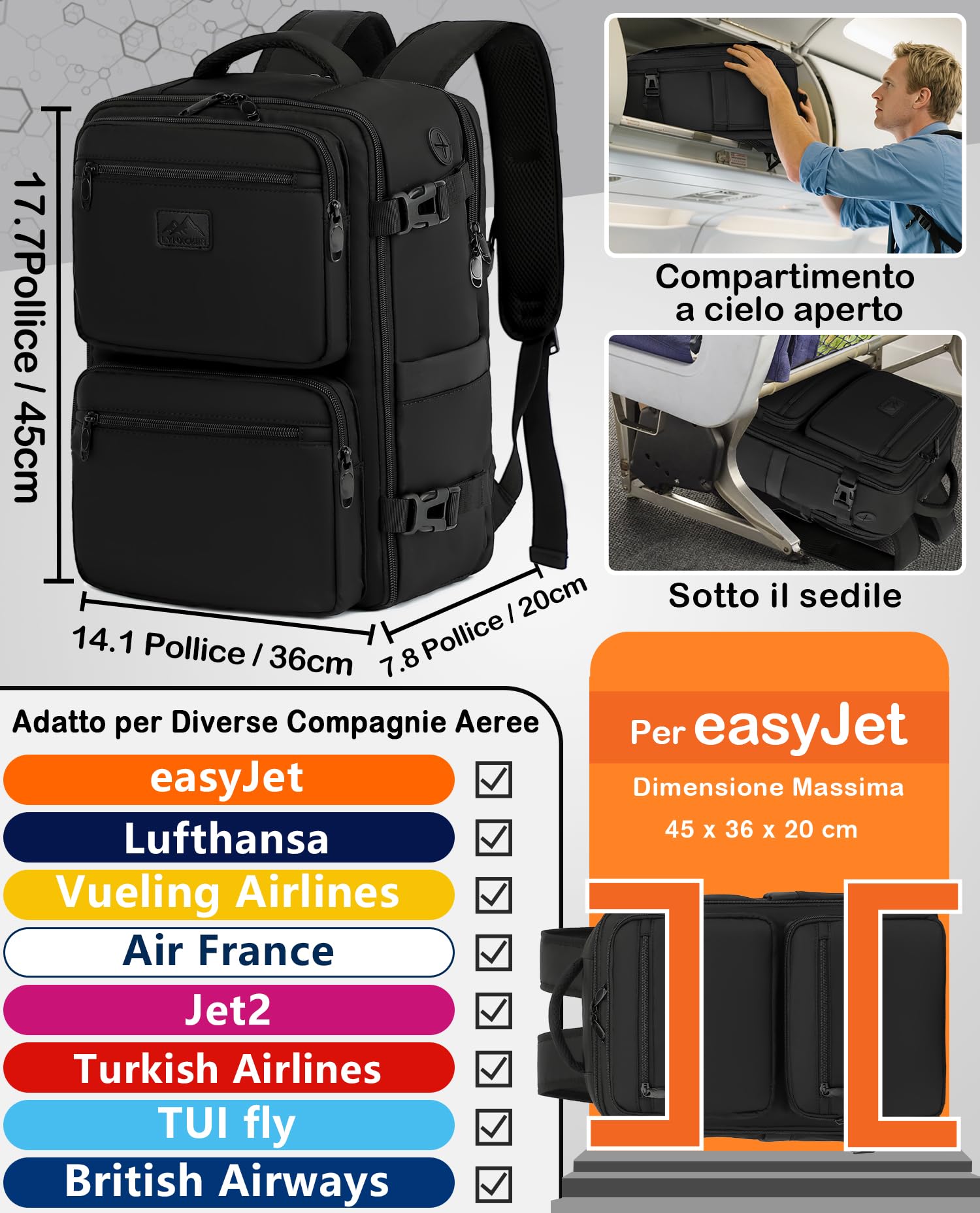 LYNXCHER Zaino da Viaggio Easyjet 45x36x20 Bagaglio a Mano Aereo 30L Borsa da Cabina per Uomo e Donna per Laptop da 15.6 Pollici Nero