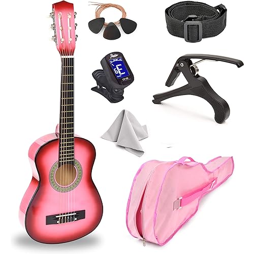 30" Wood Guitar with Case and Accessories for Kids/Girls/Boys/Beginners (Pink Gradient)