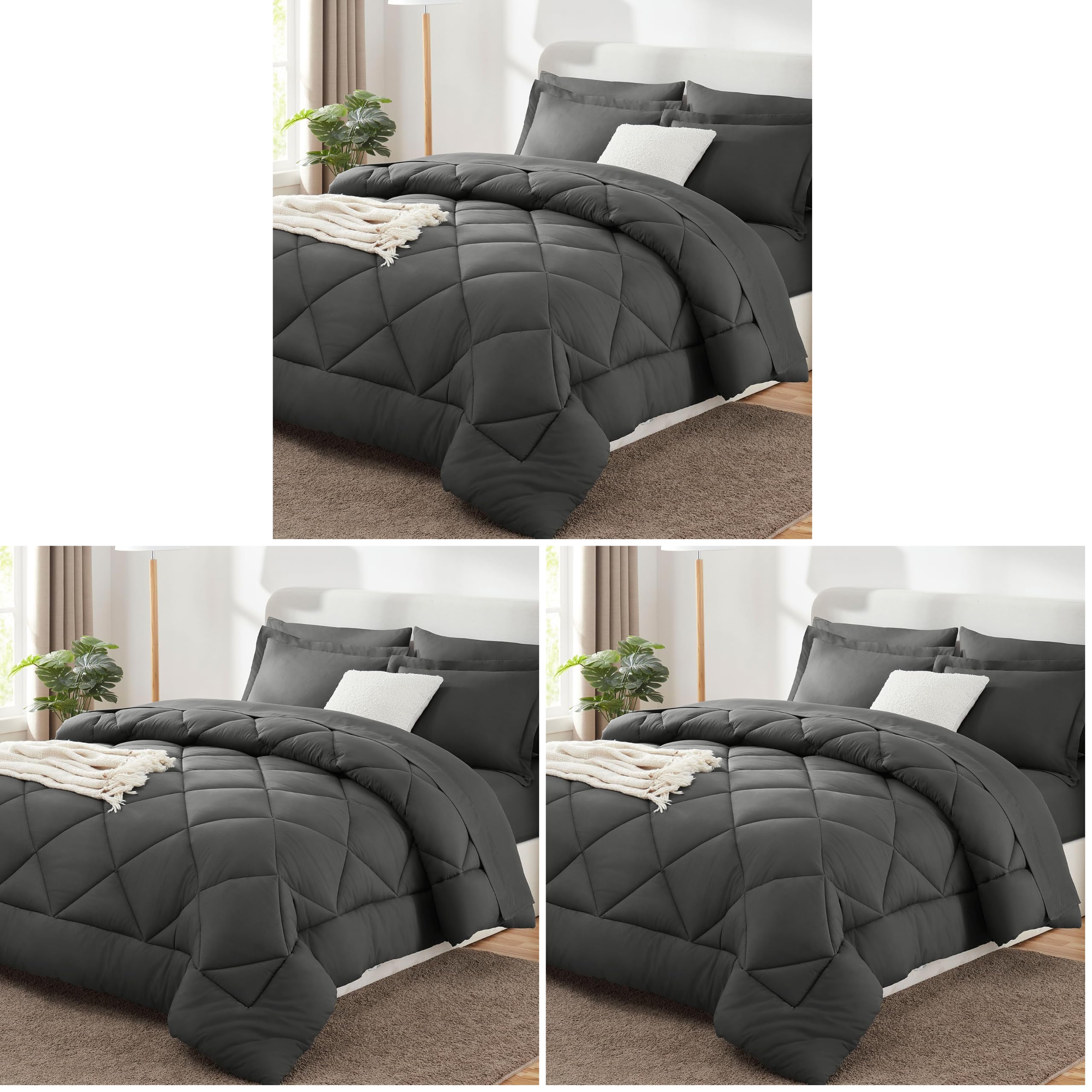 CozyLux King Size Comforter Set Dark Grey - 7 Pieces Bed in a Bag King, Luxury Soft Bed Set for All Seasons, Bedding Set with Down Alternative Comforter, Sheets, Pillowcases &amp; Shams (Pack of 3)
