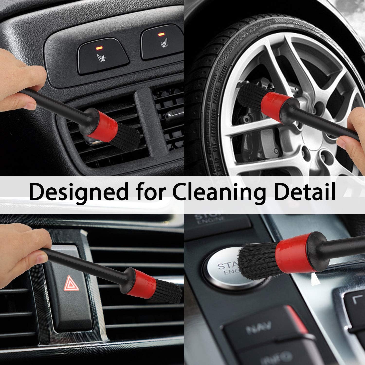 Detailing Brush Set - 5-pack Different Sizes Premium Natural Boar Hair Mixed Fiber Plastic Handle Automotive Detail Brushes for Cleaning Wheels, Engine, Interior, Emblems, Air Vents, Car, Motorcy