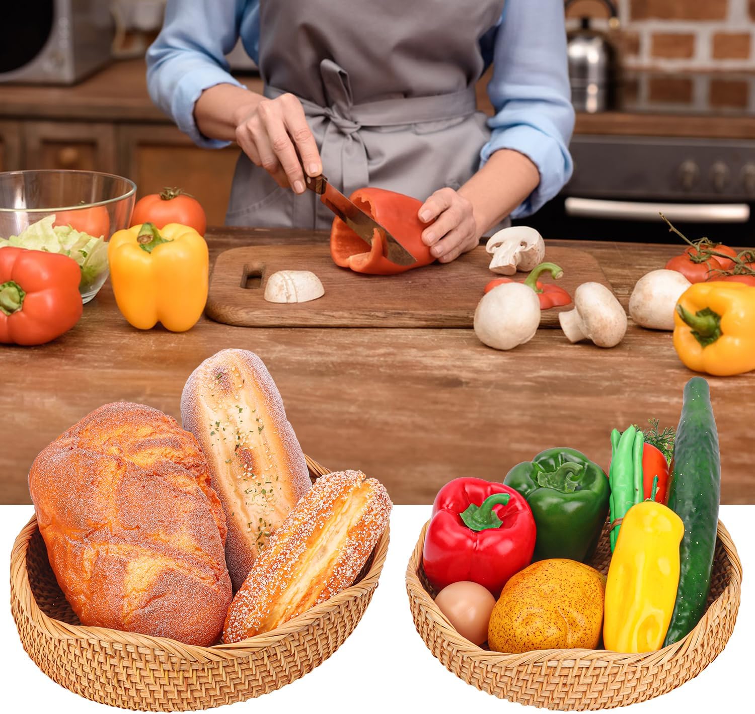 3 PCS Rattan Bread Basket - 3 Size Authentic Handmade Decorative Woven Baskets for Kitchen, Round Rattan Fruit Baskets Bowls for Table, Kitchen Decor