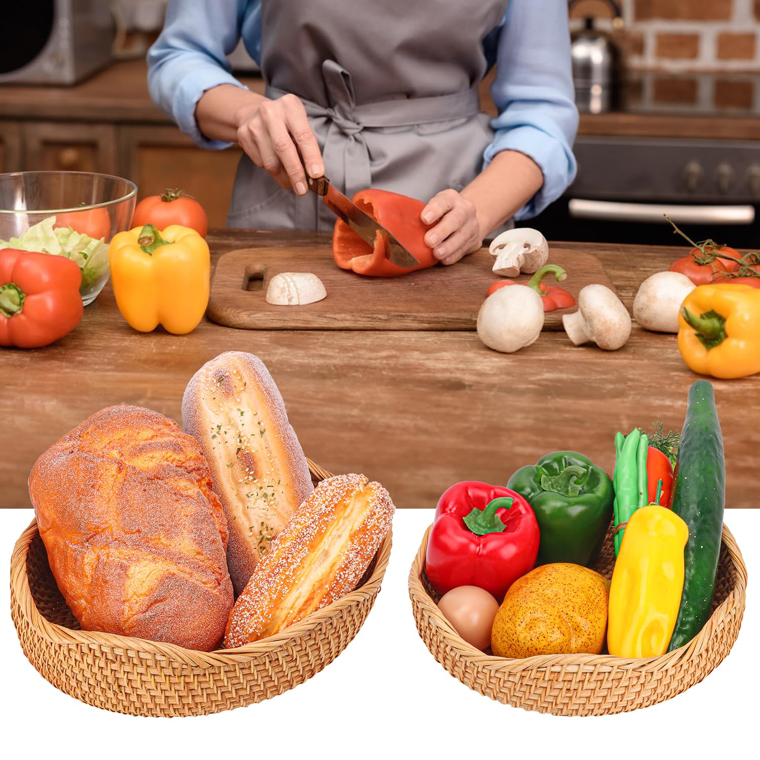 3 cestas de pan de ratán, 3 tamaños, auténticas cestas tejidas decorativas hechas a mano para cocina, cestas redondas de frutas, elegantes cuencos tejidos para servir mesa, decoración de