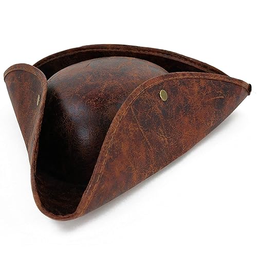 Skeleteen Faux Leather Pirate Hat - Brown Distressed Leather Colonial Style Tricorn Hat, Brown, One Size