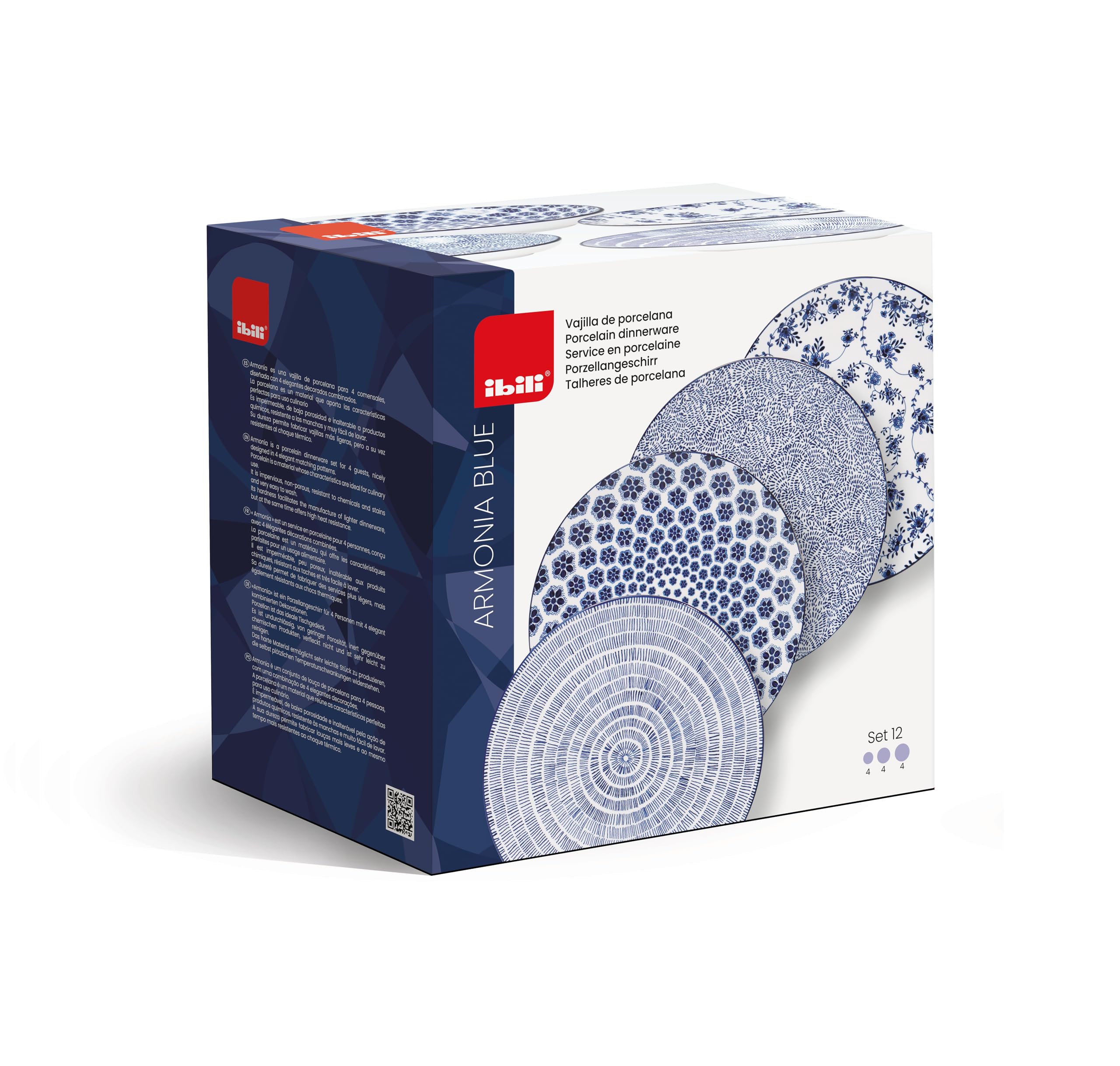 IBILI - Service de table 12 pièces Armonia bleu, assiettes en porcelaine pour 4 personnes