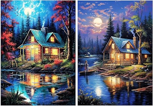 Miniatura 1 de YOYA Paquete de 2 kits de pintura de diamantes de cabaña de troncos para adultos, kits de arte de diamantes 5D de cabina de lago para adultos, kit