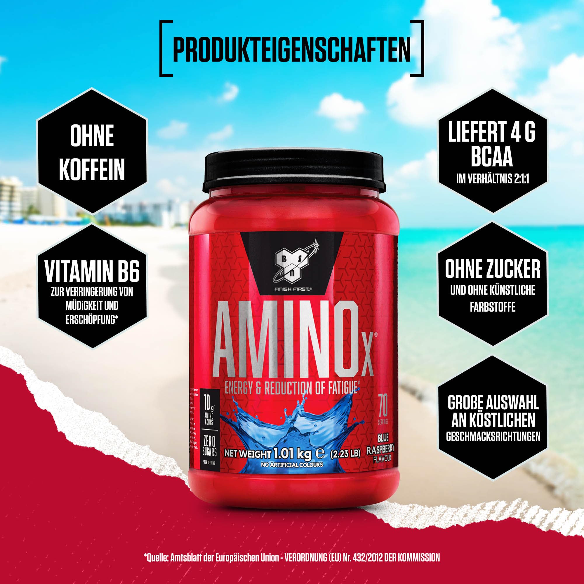 BSN Nutrition Amino X Supplement mit Vitamin D, Vitamin B6 und Aminosäuren, Himbeer-Geschmack, 70 Portionen, 1kg