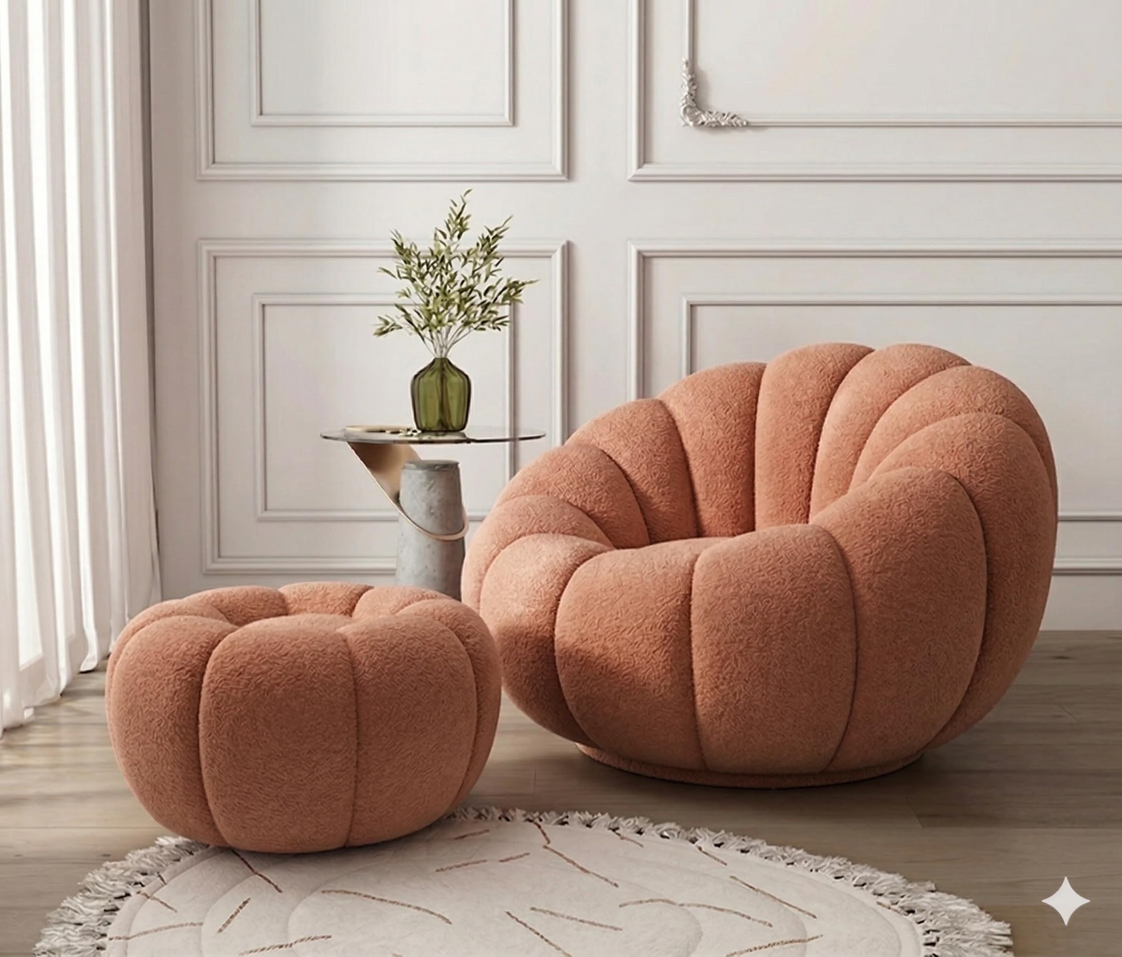 CRAFTCITY Pumpkin Style Wooden Sofa Contemporary Modern & Cozy Accent Chair for Living Room (Pink, 1 Seater Chair, with Ottoman)-image-32