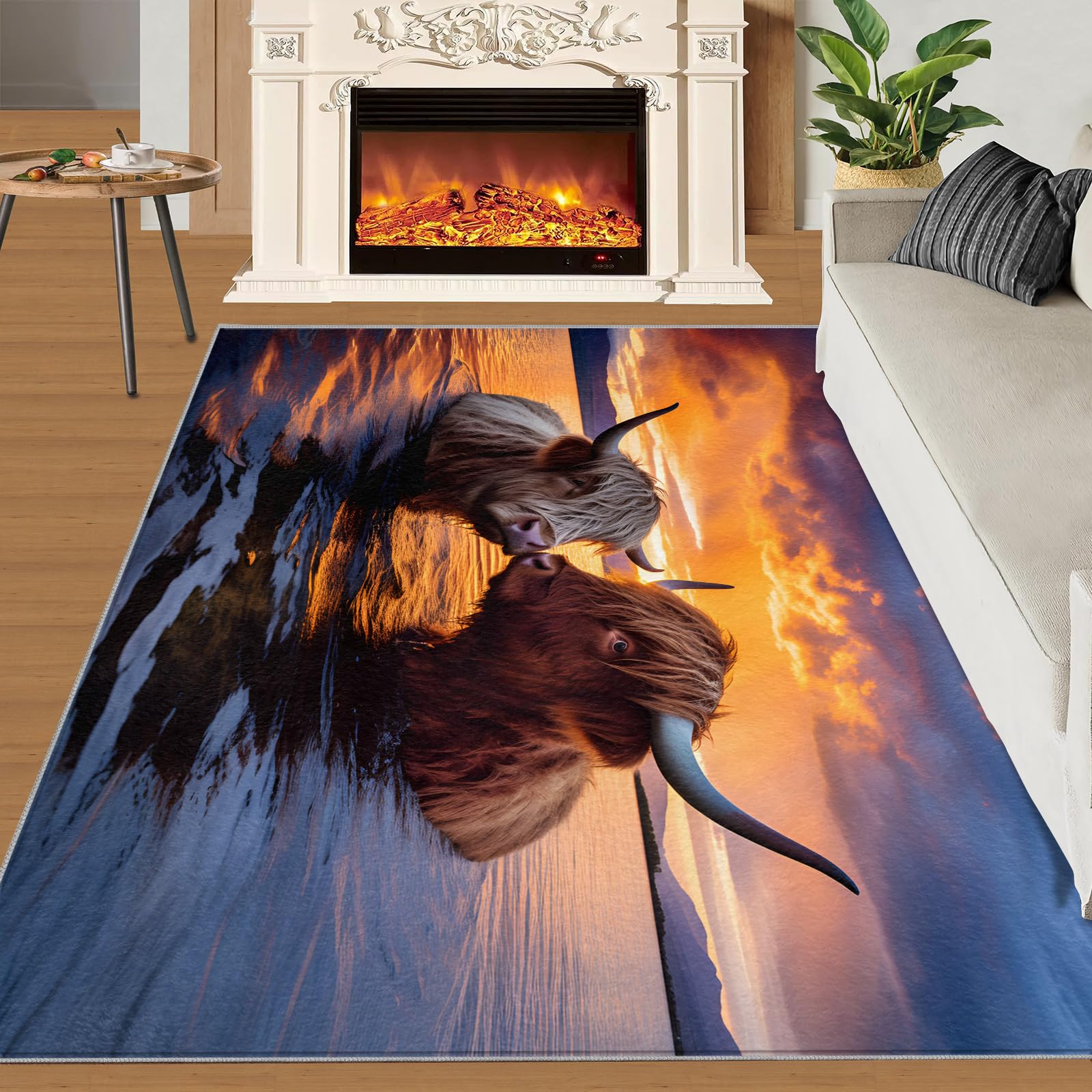 Highland Cow Area Rug 200x290 cm - Non-Slip Washable Animal Design Indoor Carpet for Bedroom, Sunset Scenery Theme for Kids, Teens & Boys, Couple Cows Style Floor Mats