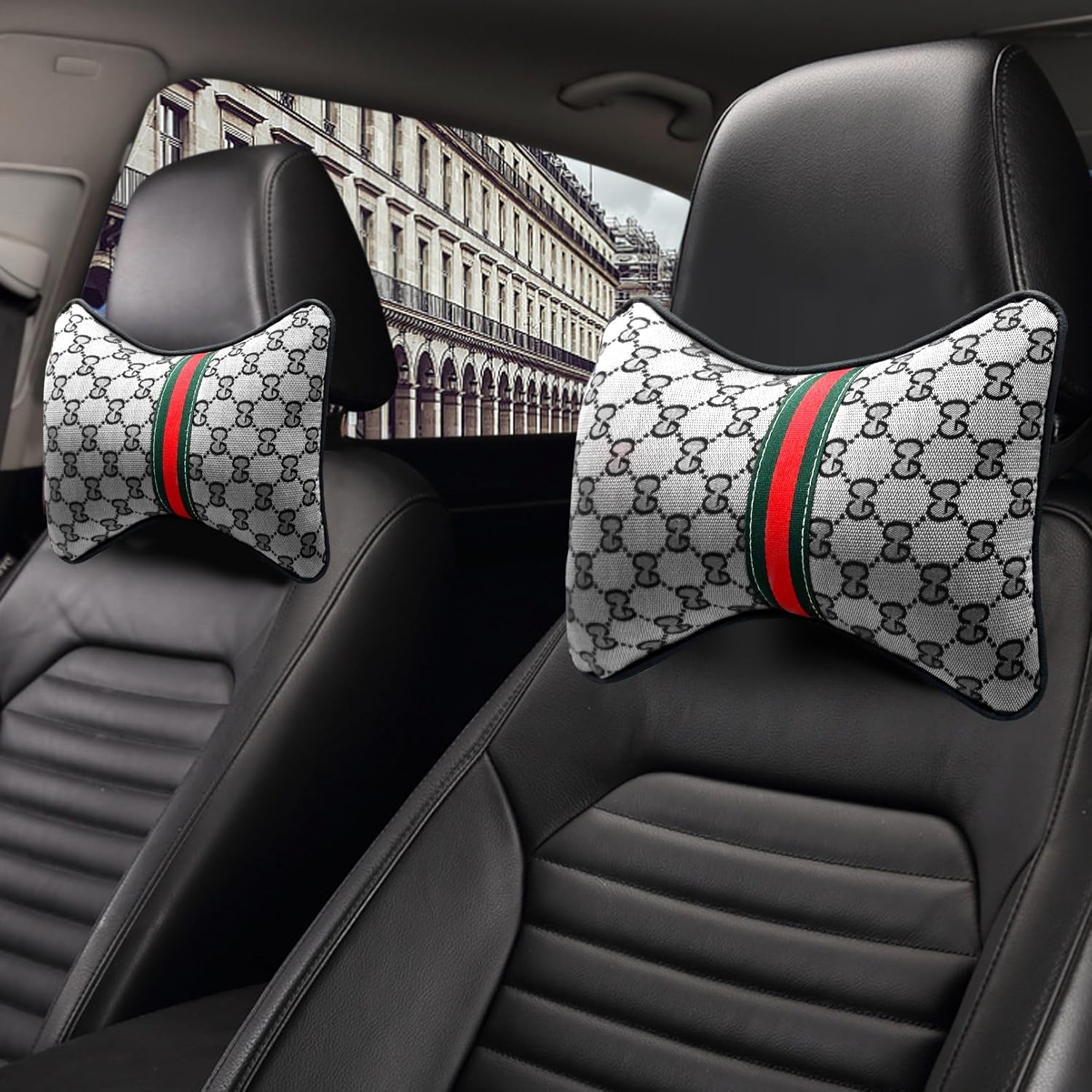 Steering Wheel Cover with 2 Car Headrest Pillow and 2 Seat Belt Cushions Shoulder Pads Universal fit 14 1/2"-15" Steering Wheel (Gray)
