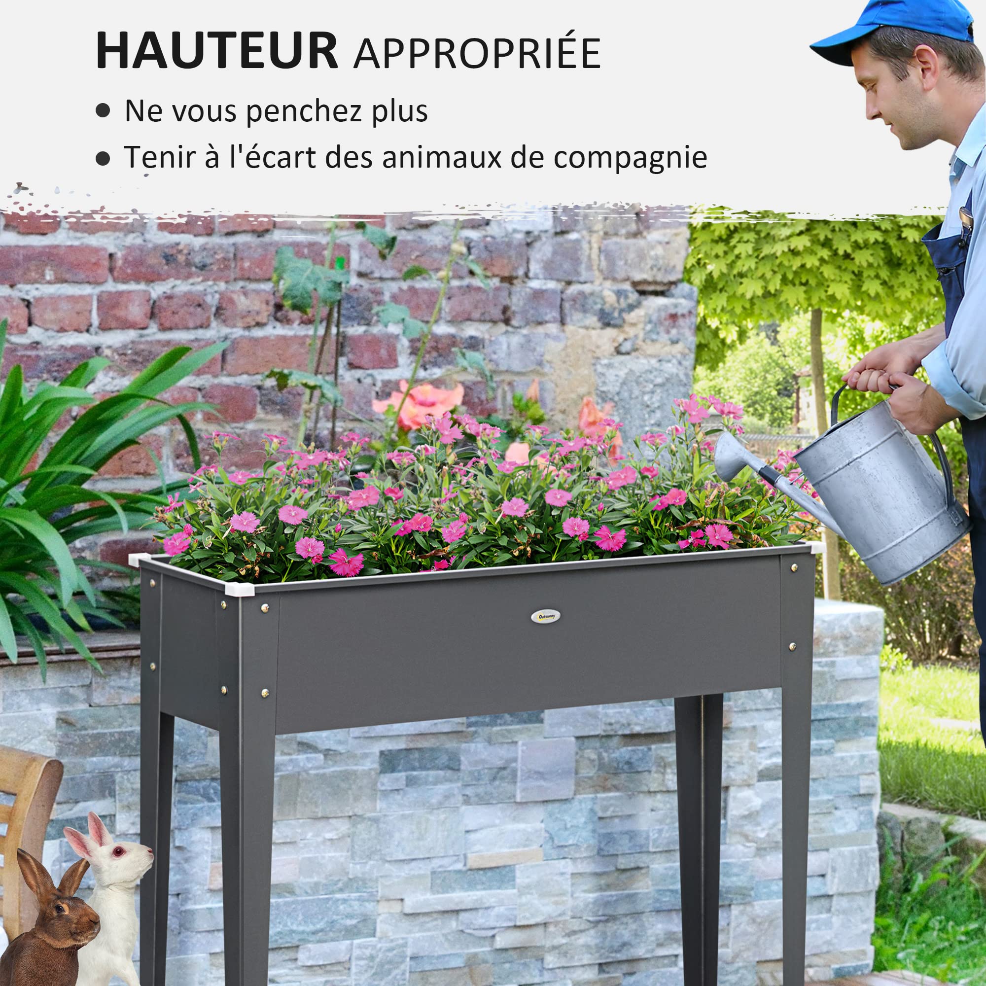 Outsunny Jardinière sur Pieds Trou de Drainage 100x30x80cm Acier Gris | Carré Potager, Acier Galvanisé