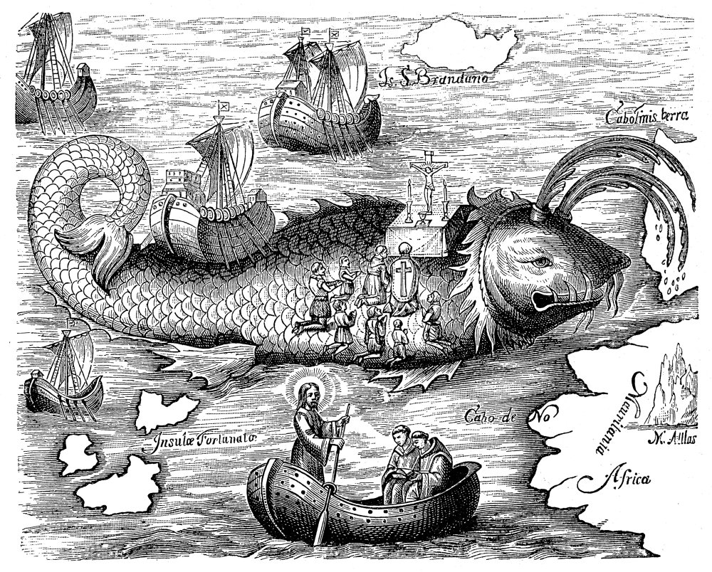 St Brendan (484-577) Nirish Monk And Traveler St Brendan And His Monks Celebrating Mass On The Back Of A Whale Line Engraving After A Medieval Illumination Poster Print by (24 x 36)