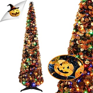 5Ft 90 LED Halloween Tree Decor,BTU Halloween Christmas Tree with Pumpkin Sequins, Black Tinsel Halloween Tree Pop Up Artificial Tree Indoor Outdoor Halloween Decorations Home Party