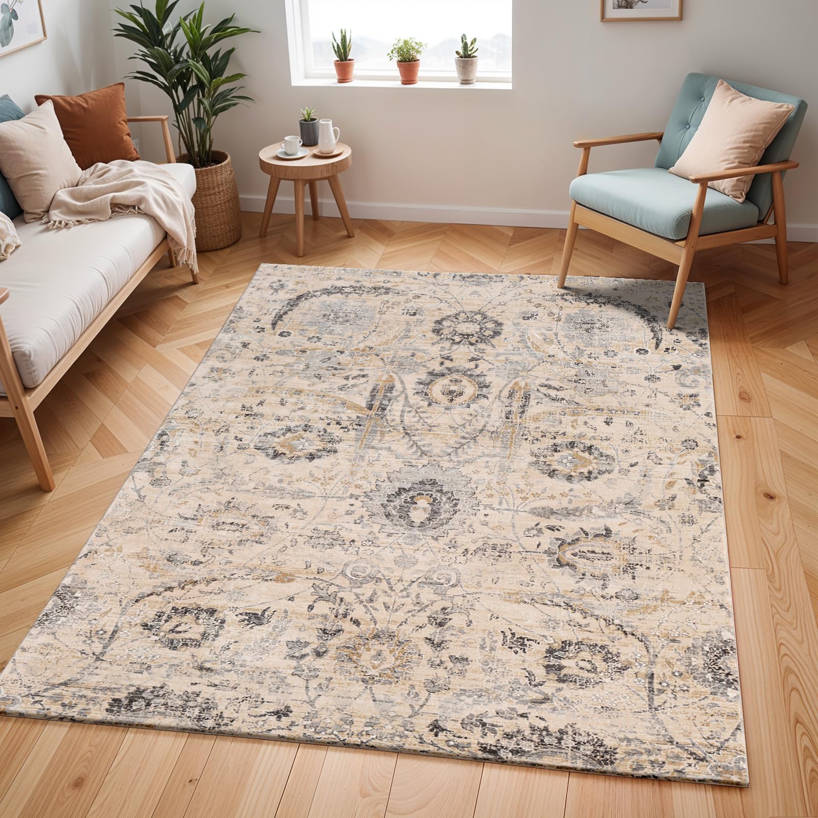 Livabliss Aarya Naftah Vintage Carpet 193x275 cm – Living Room, Hallway & Bedroom, Scandi Neutral Boho Style, Easy Care Pile, Beige, Charcoal & Mustard