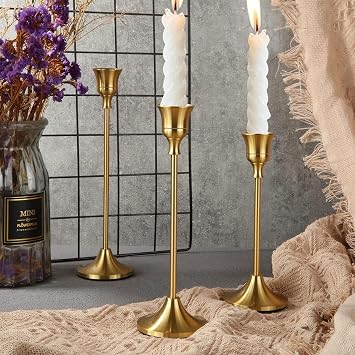 2 Sets(6 Pcs) Gold Taper Candle Holders, Metal Candlestick Holders for Standard Taper Candles, Modern Vintage Table Centerpiece Decor for Wedding, Christmas, Halloween, Dining Table & Mantel