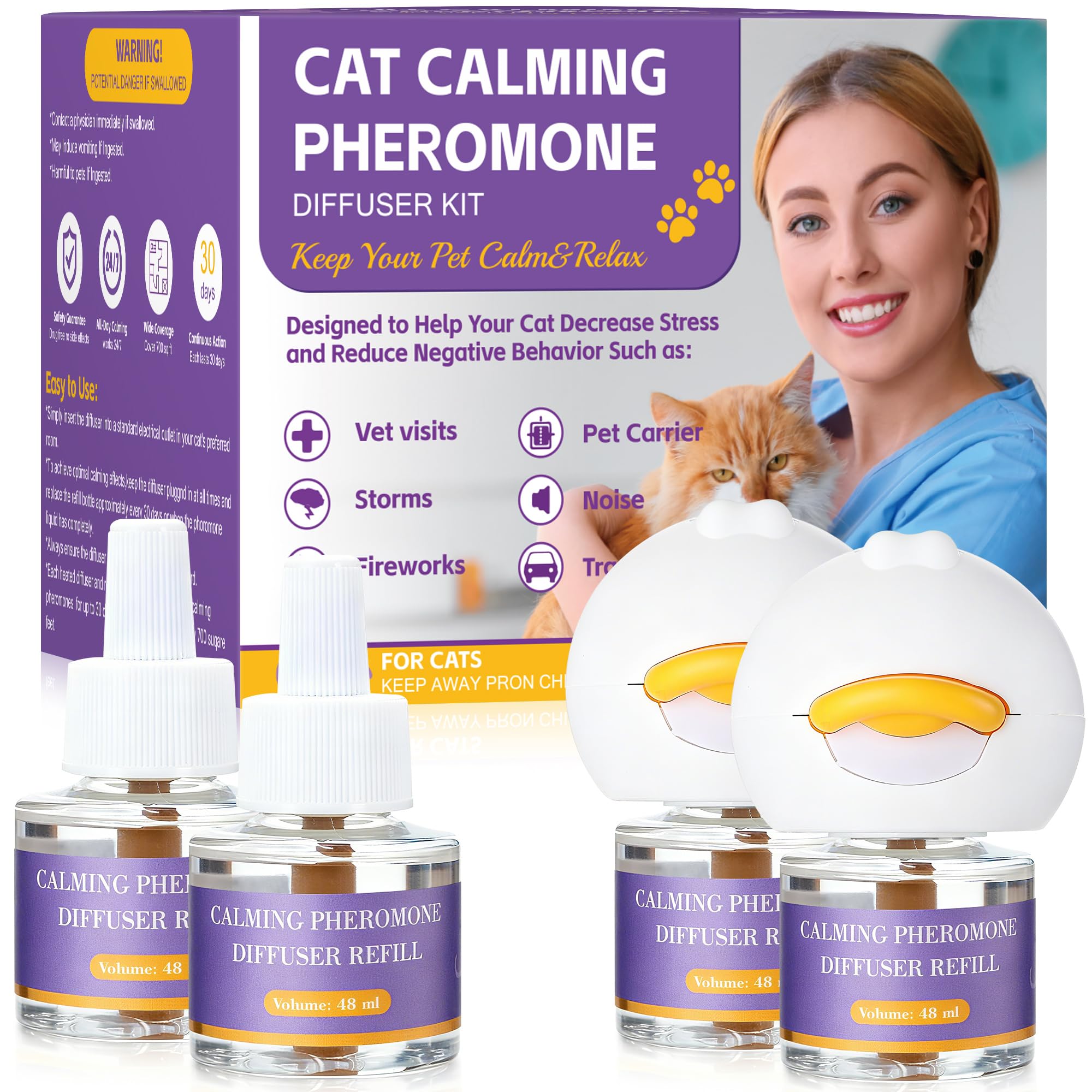 6 IN 1 Katze Pheromon Beruhigende Diffusor (2 Stecker + 4 Refills), Pheromon Diffusor für Katzen, Angst lindern, Helfen, Kämpfe zu reduzieren, Sprühen & Kratzern, Drogenfrei & Geruchlos Sicher 120 Tag