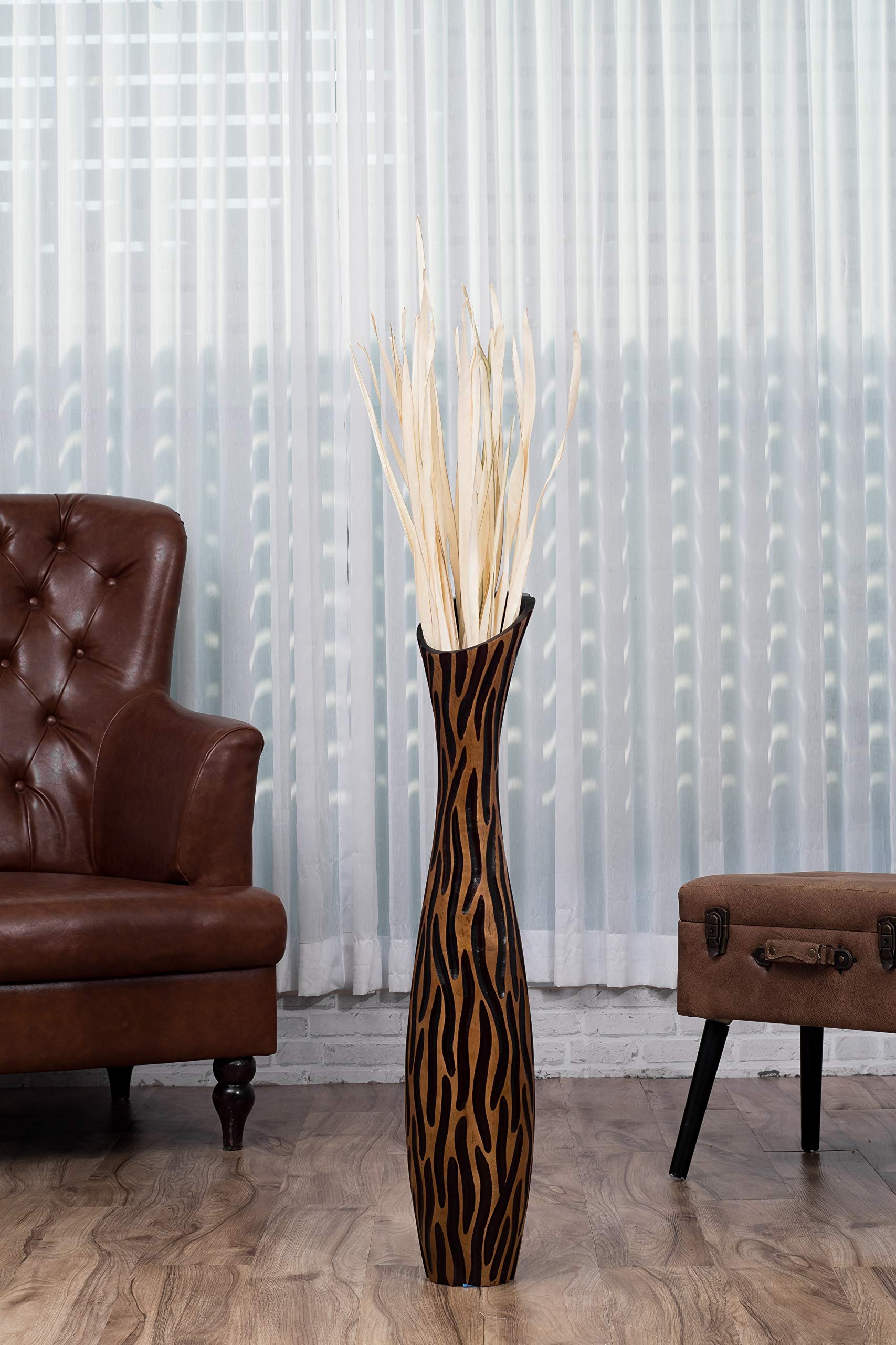 Leewadee Jarrón de Suelo Grande 85 cm Madera de Mango Pampa & Flores Secas | Jarrón Deco para Salón, para Ramas & Hierbas Secas. Más resistente que la Cerámica, sin Agua. Boho