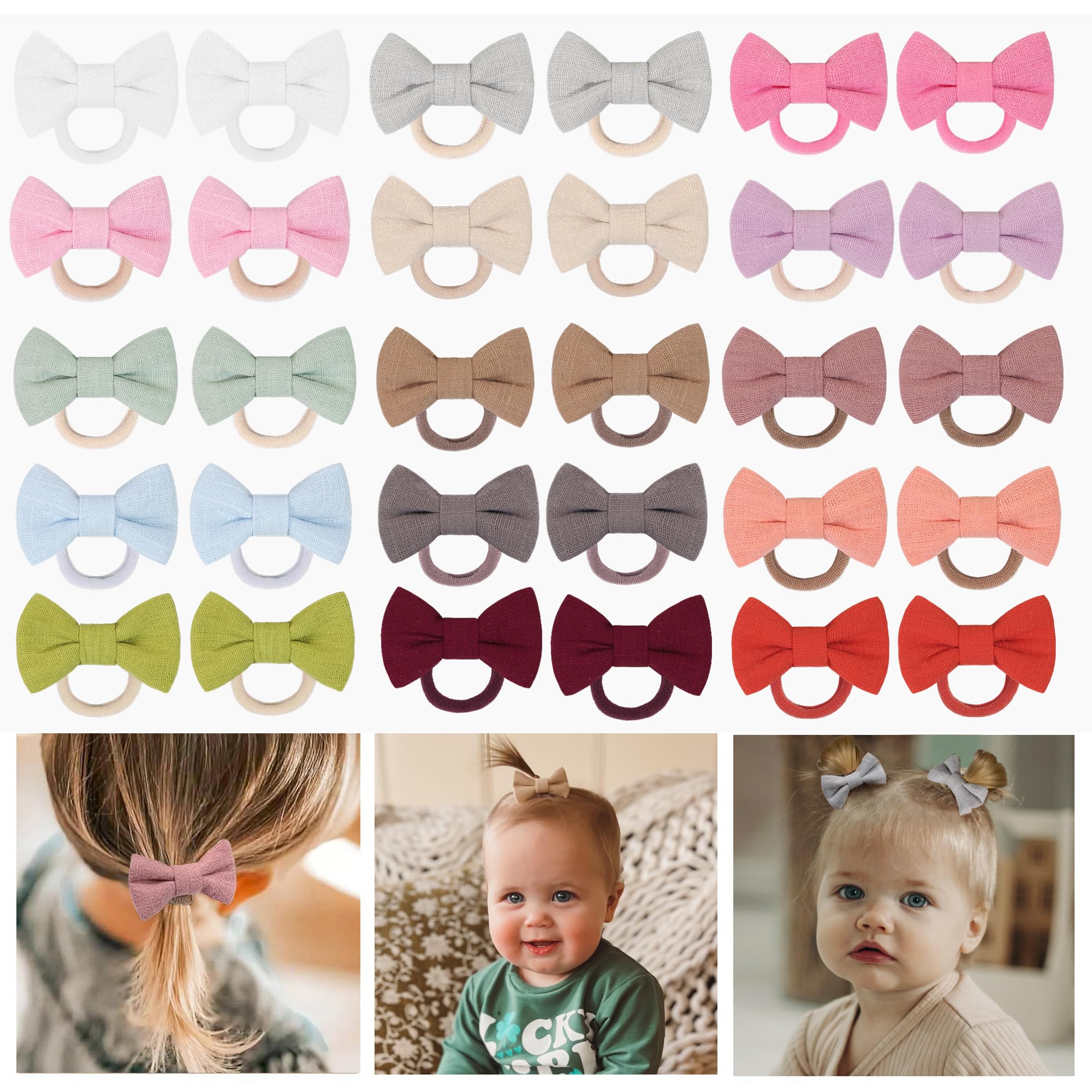 30PCS Hair Bows Ties for Toddler Girls,Baby Girls Hair Rubber Bands with Linen Bows Ponytail Holders Hair Accessories for Toddlers Kids Girls