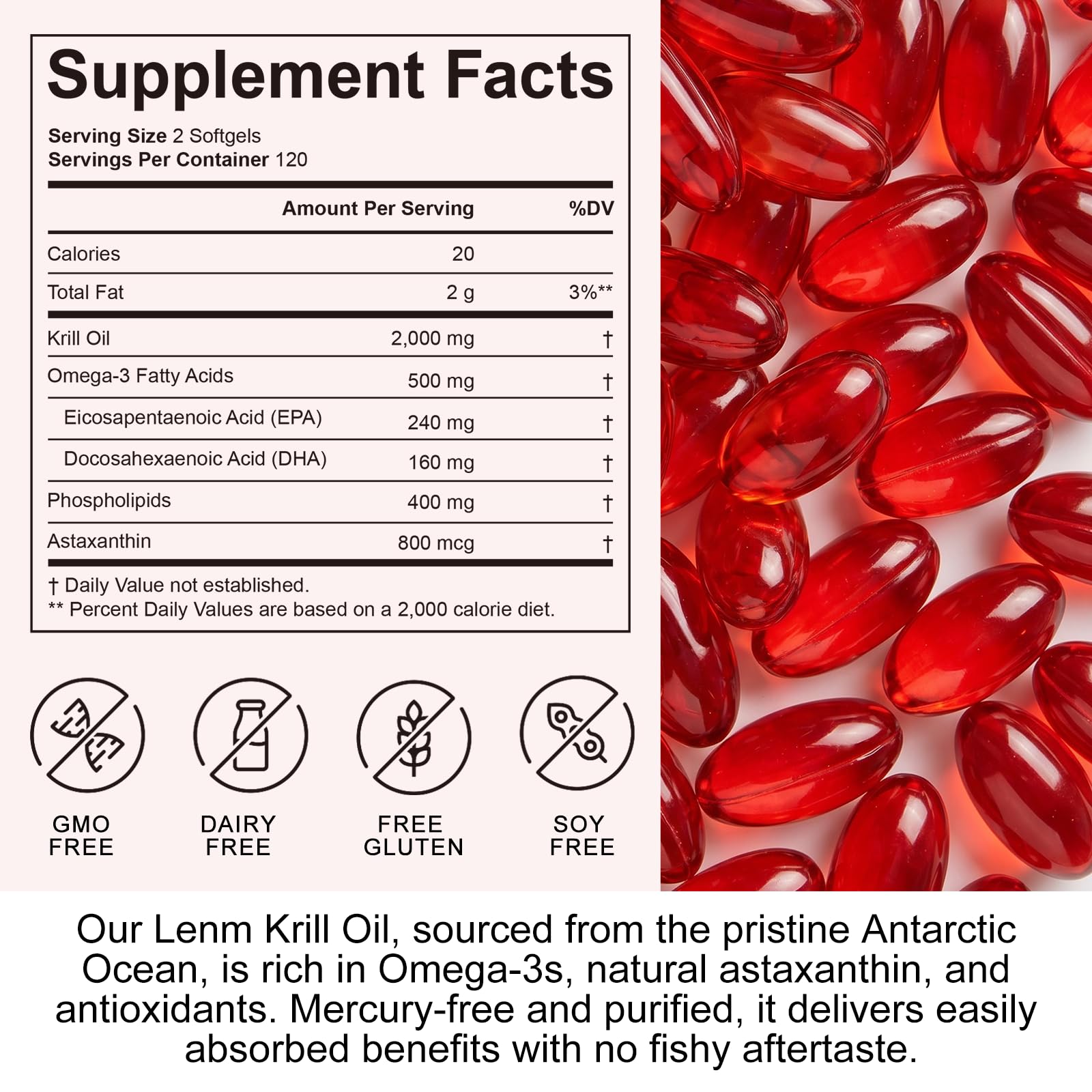 Antarctic Krill Oil 2000mg with Astaxanthin 800mcg | Omega-3 500mg | EPA 240mg | DHA 160mg | Phospholipids 400mg | 240 Softgels