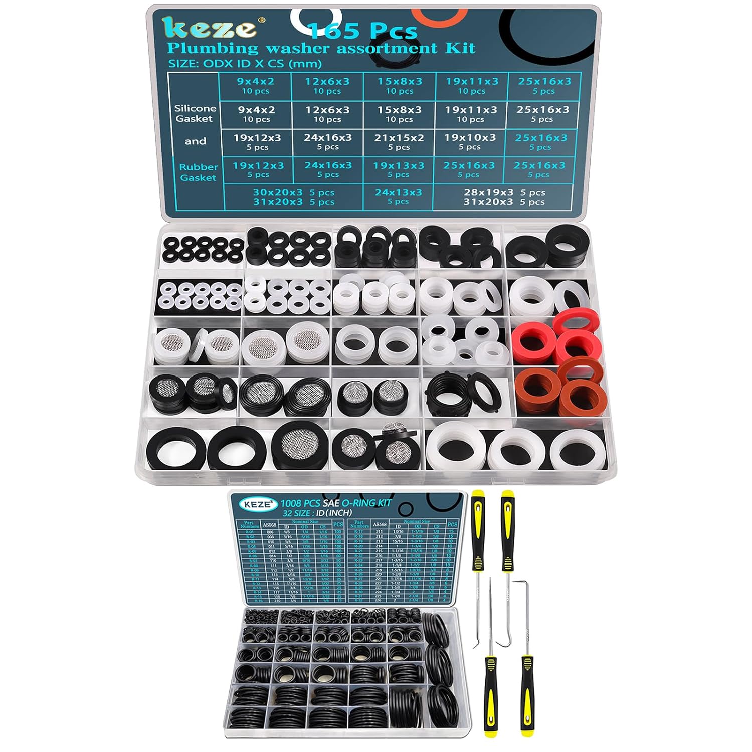 KEZE 165 PCS 24 Sizes Plumbing Washers Assorted Kit and 1008 Pcs 32 Sizes SAE O Ring Kit for O Rings Faucet Automotive Hydraulic Pipe Repair