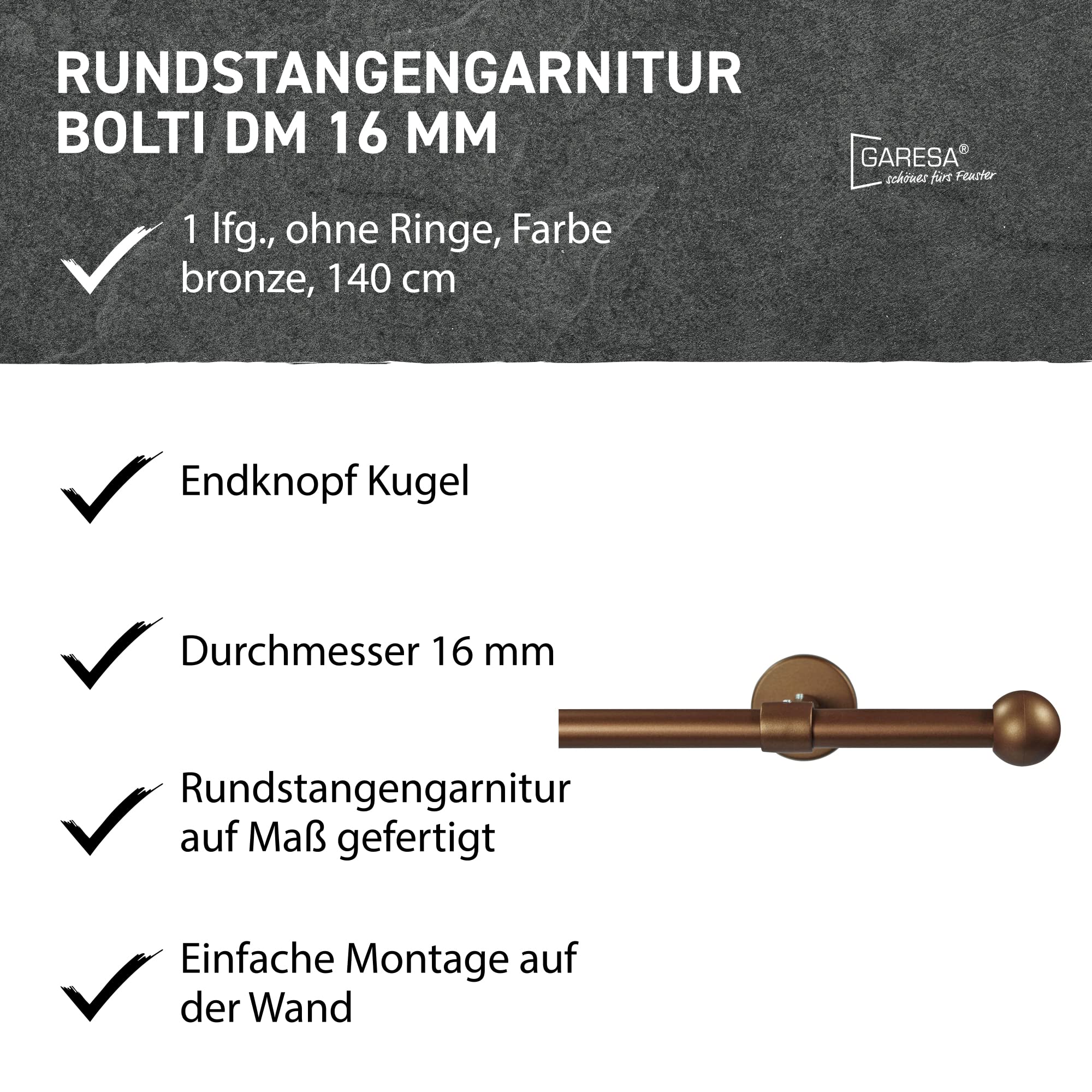 Garesa Gardinenstange Rustika – 1-läufig, 16 Mm Durchmesser, Bronze, Inkl. Ringe & Haken (110 Cm)