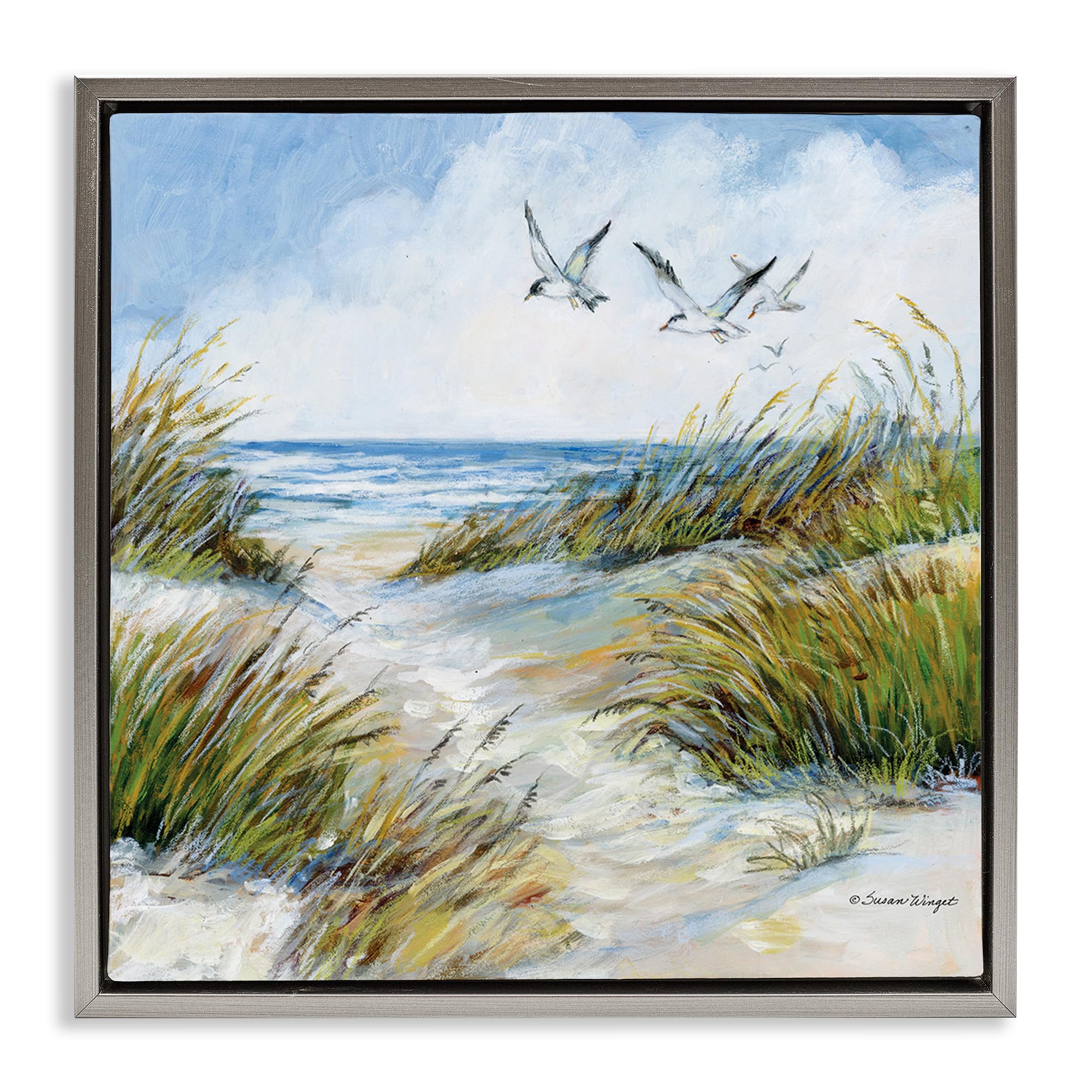 Stupell Industries Luster Gray (Matte) Beach Path Seagulls Overhead Coastal, 24 X 24 Inch Canvas In Floater Frame