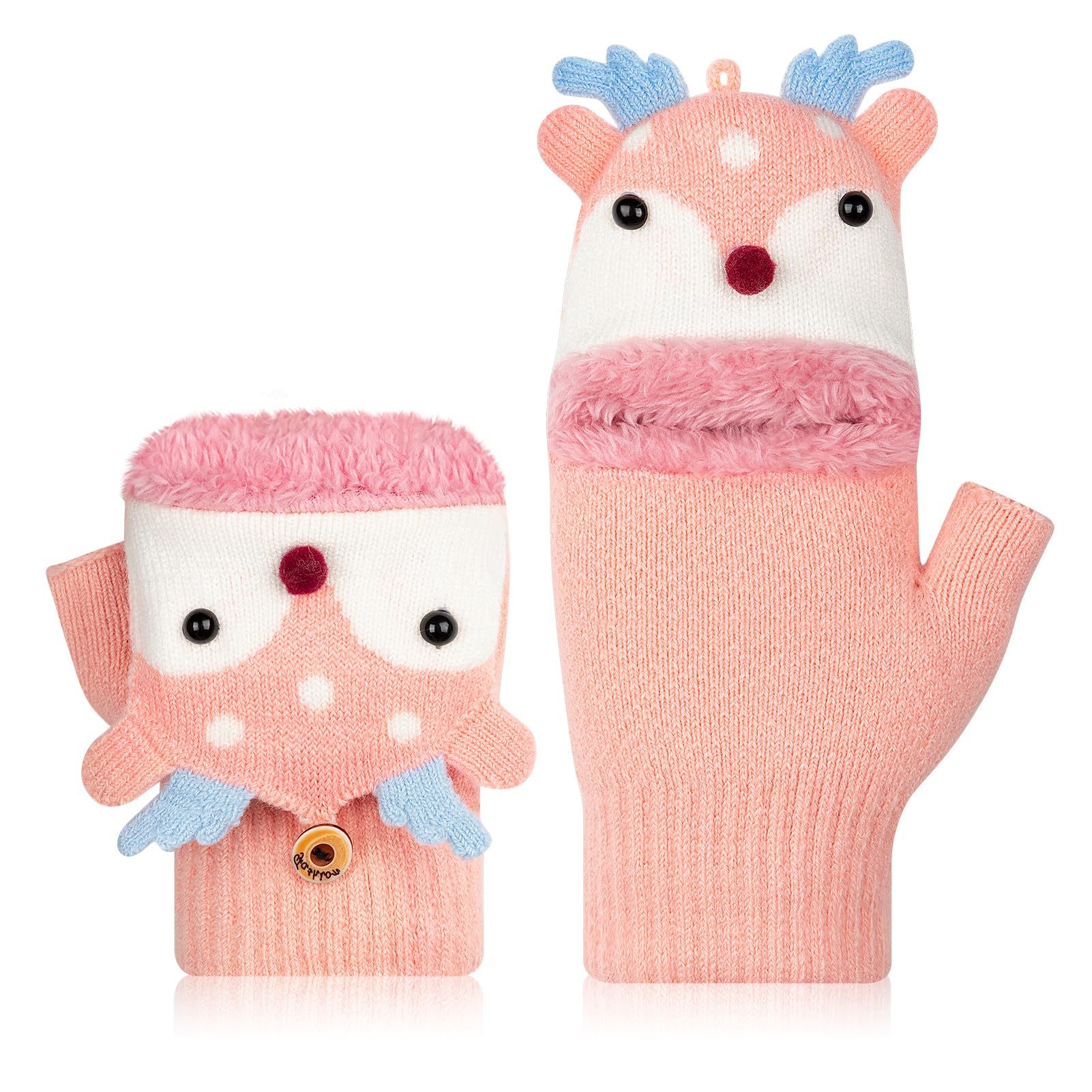 Kiiwah Guantes sin Dedos para Niños, Guantes de Invierno con convertible Flip Top, Cálido Guantes de Punto, Suave Forro de Felpa Medio Dedo Guantes Patrón Lindo para Niños Niñas, 3-8 Años