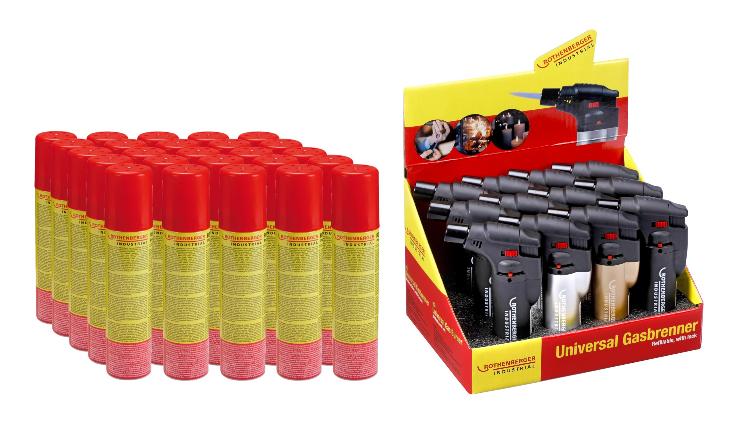 ROTHENBERGER Industrial 12x Sturmfeuerzeug und 25x Nachfüllgas 100 ml | Universalbrenner | Lötbrenner | wiederbefüllbar | Regulierbare und windsichere Flamme | schwarz, Silber, Kupfer