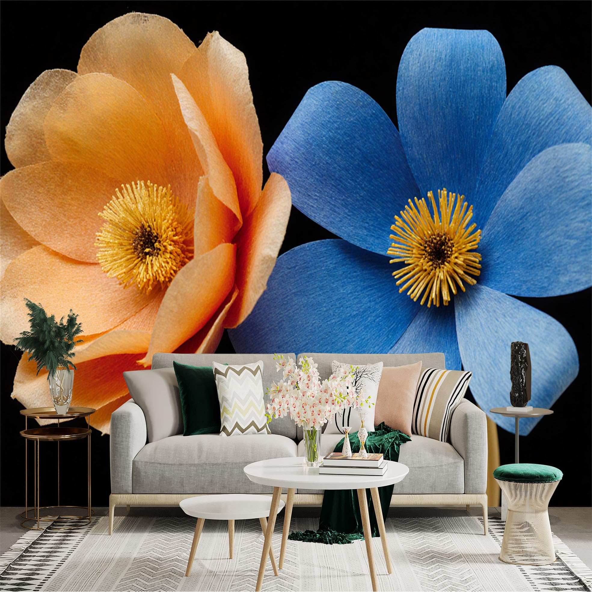 Custom Size Wall Sticker Mural， Elegant Orange and Blue Flowers， Artistic Botanical Bloom， Vibrant Floral Art， Minimalist Black Background， for wall Decoration， peelandstick wall Decals.