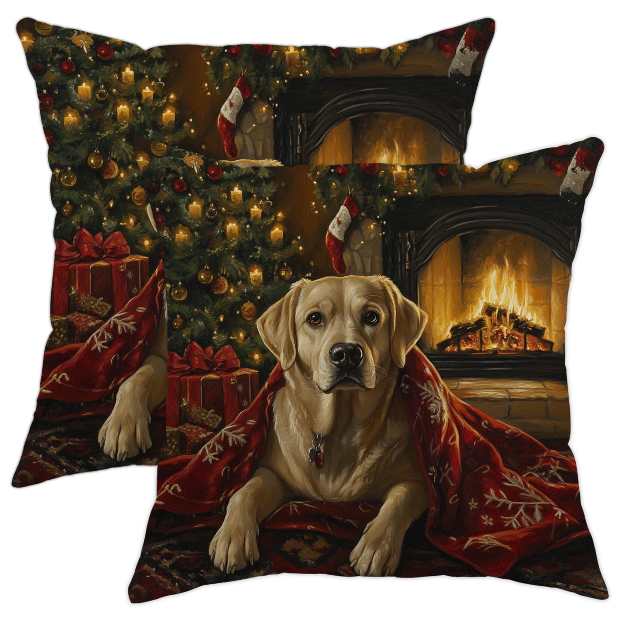 Christmas Dog Pillow Covers Set of 2, Cream Labrador Retriever Decor Cushion Cases, Holiday Decorative Throw Pillows for Home Sofa Bed Couch 18x18 Inch