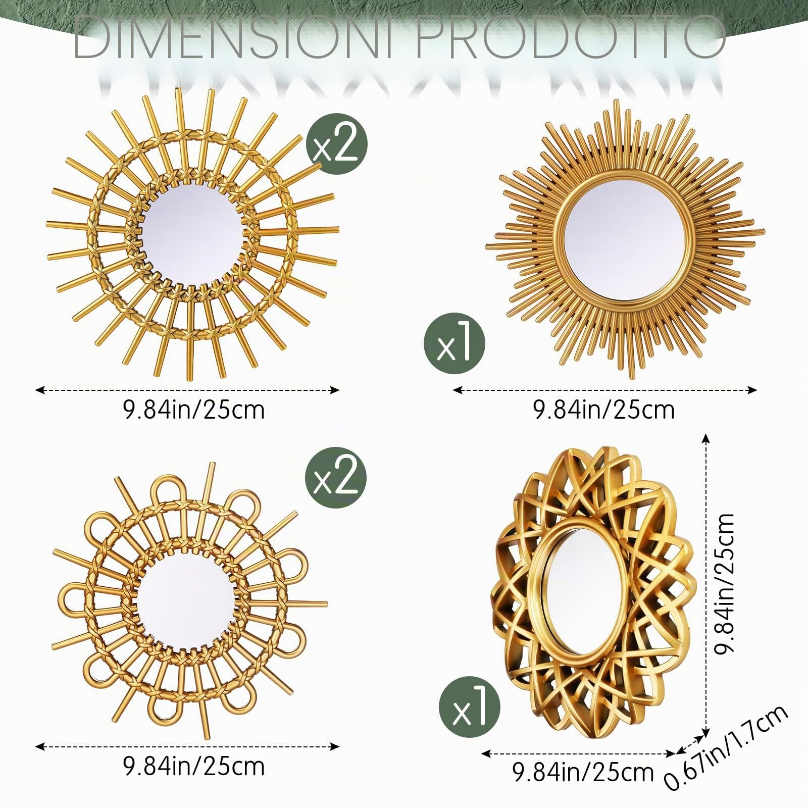 Namalu 6 Specchi da Parete Decorativi Specchi di Sole Circolari Piccoli Specchi d'Arte per Decorazione da Muro Specchio Rotondo da Appendere per Ingresso per Casa Bagno Sala (Oro, Elegante)