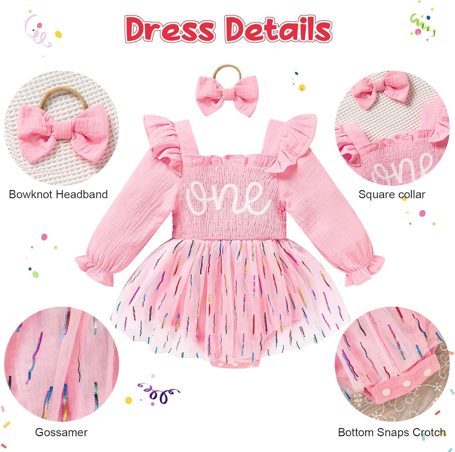 Baby Girl 1st Birthday Clothes One Year Old Tulle Romper Long Sleeve Bodysuit Cake Smash Outfits - Image 5