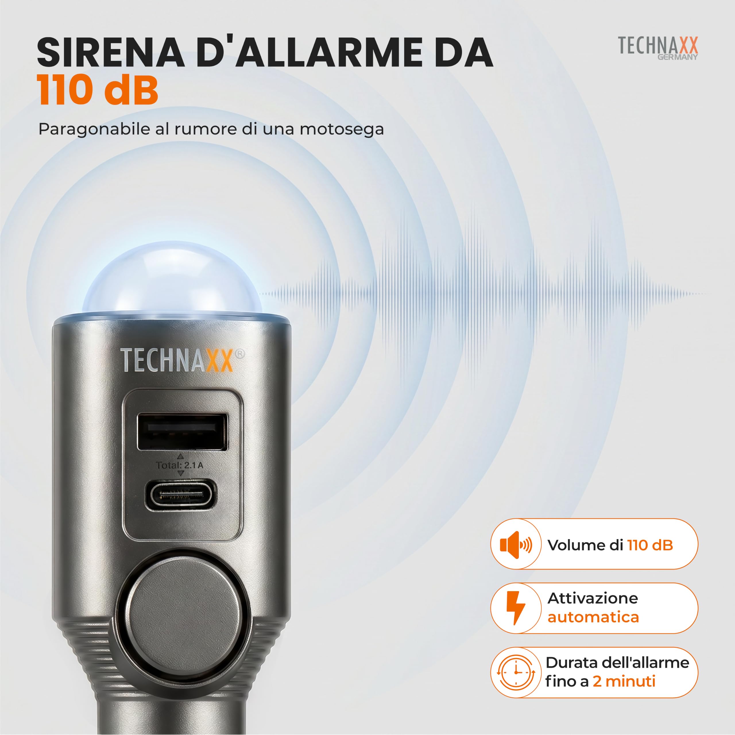 Technaxx Allarme auto con sensore di movimento PIR – Allarme plug-in 12–24V con sirena 110dB, batteria 6 giorni, porte USB-A & USB-C, display LED e telecomando - 2026 Update Model - TX-100