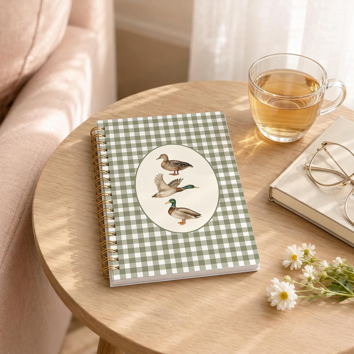 Green Gingham Mallard Duck Spiral Notebook, Gifts for Duck Lovers, Green Checkered Aesthetic Journal for Women Men, Gifts for Wildlife Lovers Notebooks 5.5x8.3 Inch image 4