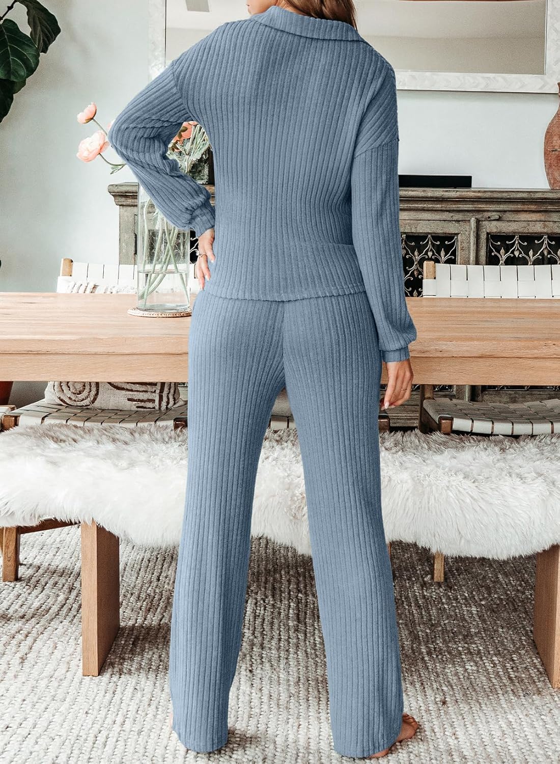 EVALESS Womens Pajama Sets Long Sleeve Sleepwear Matching Drawstring Elastic Pj Pants Ribbed Knit 2 Piece Lounge Set - Image 3