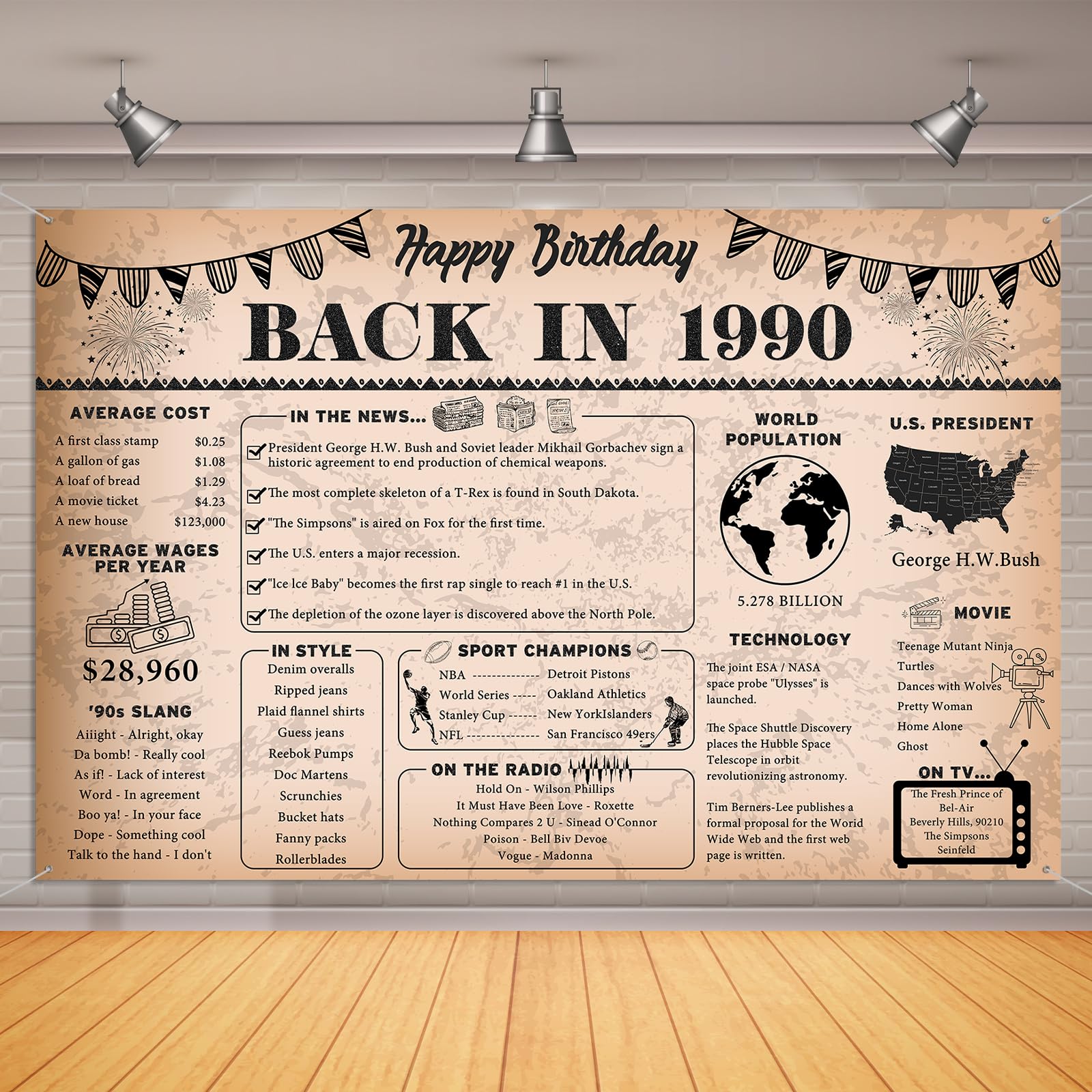 36th Birthday Decorations Vintage Back in 1990 Backdrop Banner, 6 x 4 ft Vintage 1990 Happy Birthday Photography Background Supplies