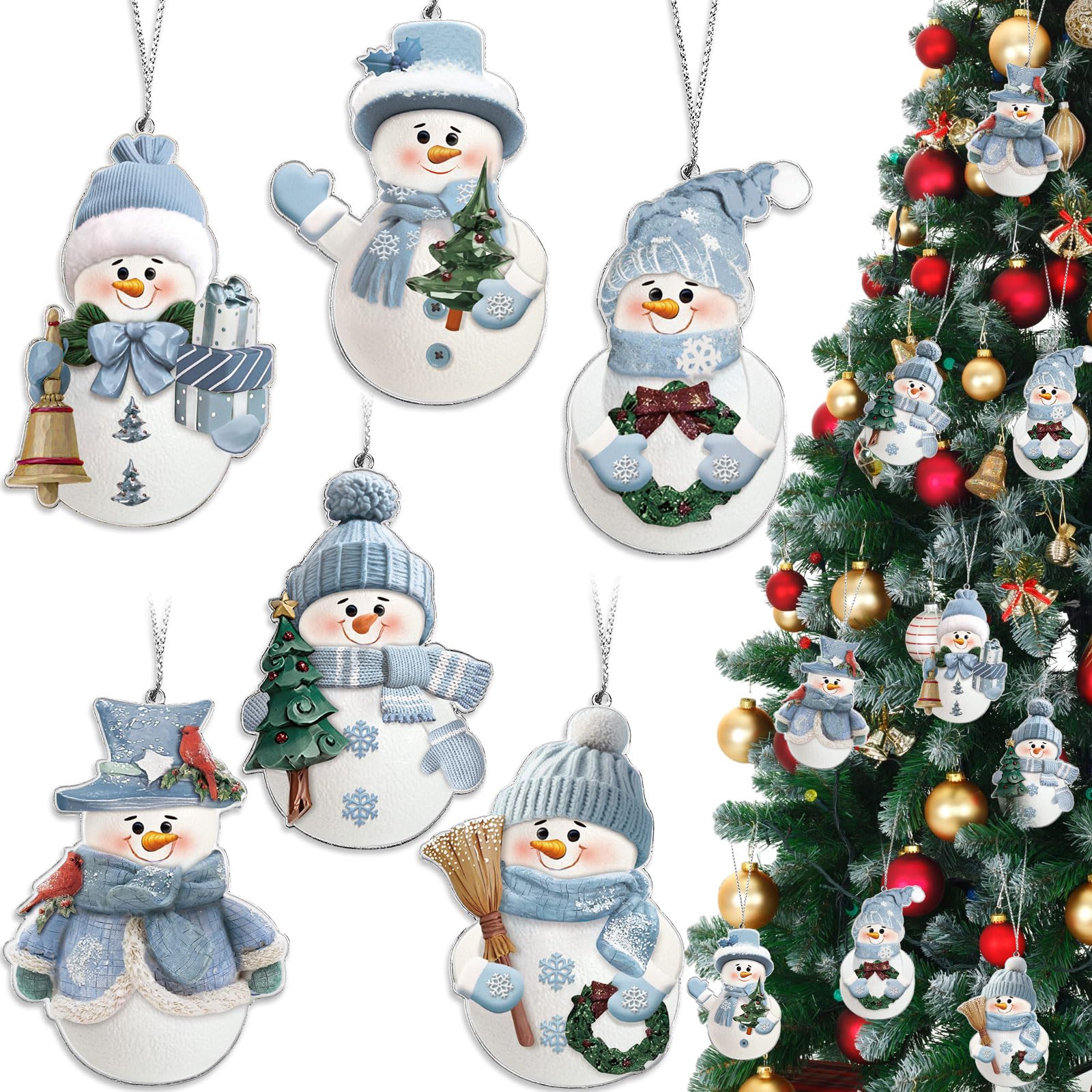 Barydat 6 ornamenti invernali a forma di pupazzo di neve, in metallo, glitterati, assortiti, blu e argento, decorazioni invernali per feste di Natale, vacanze invernali nel paese delle meraviglie