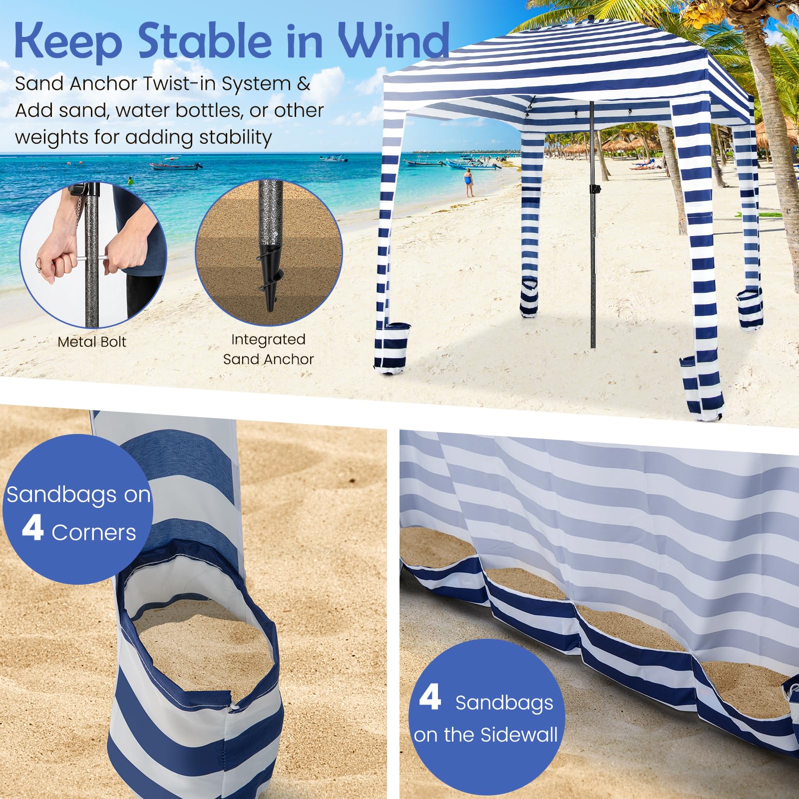 HOMASIS Tenda da Spiaggia Portatile 1,8 x 1,8 m, Parasole Spiaggia con Protezione Solare Regolabile in Altezza, Gazebo con Parete Laterale Rimovibile, Tenda con Borsa per il Trasporto (Blu)