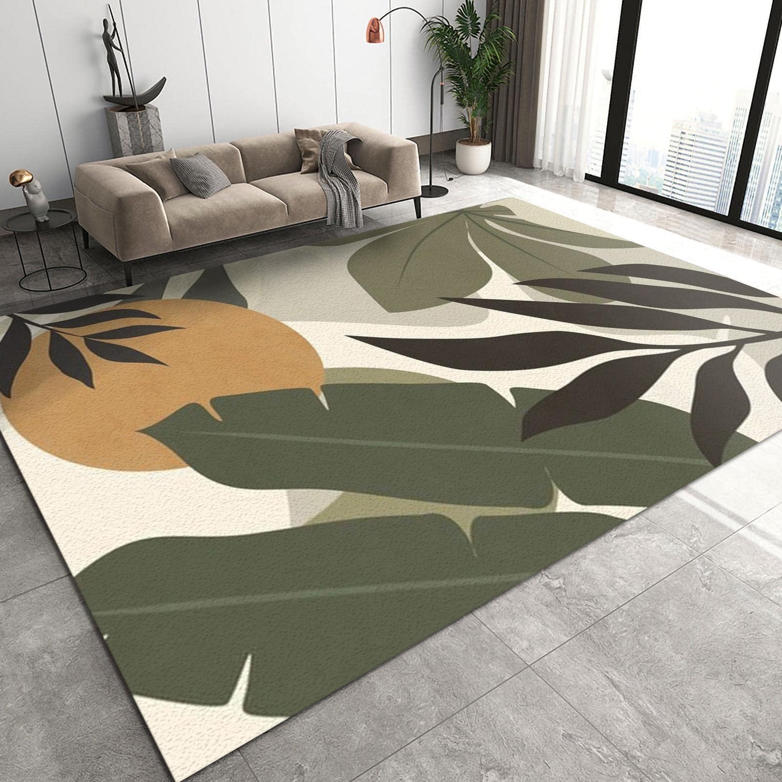 Tapis de Décoration Feuille De Palmier Simple, 140 x 200 cm Tapis Moquette de Chambre à Poils Ras, Paillasson Intérieur - pour Chambre à Coucher de Salon