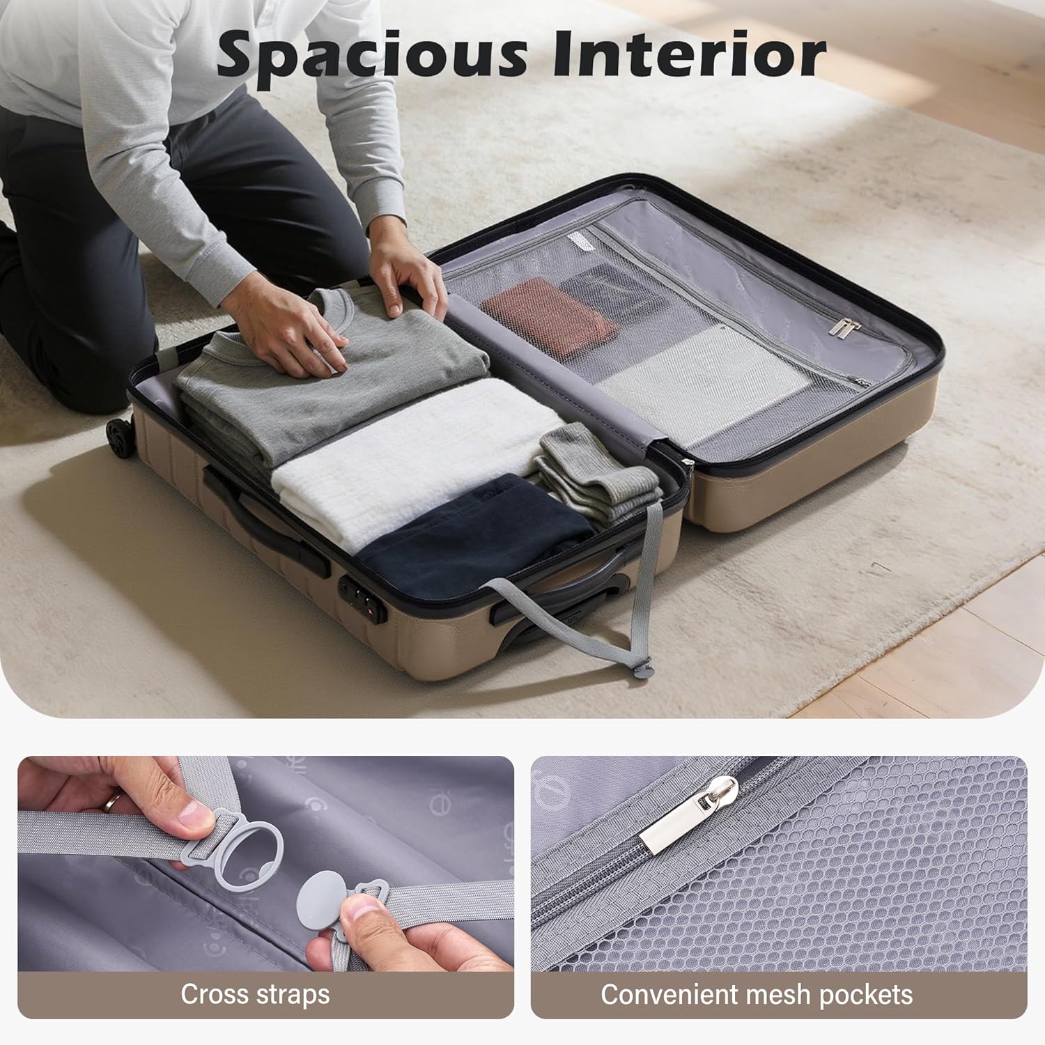 Coolife Medium Checked Luggage with Spinner Wheels, Hardside Suitcase TSA Lock Lightweight Travel Luggage 24-inch,Brown - Image 6