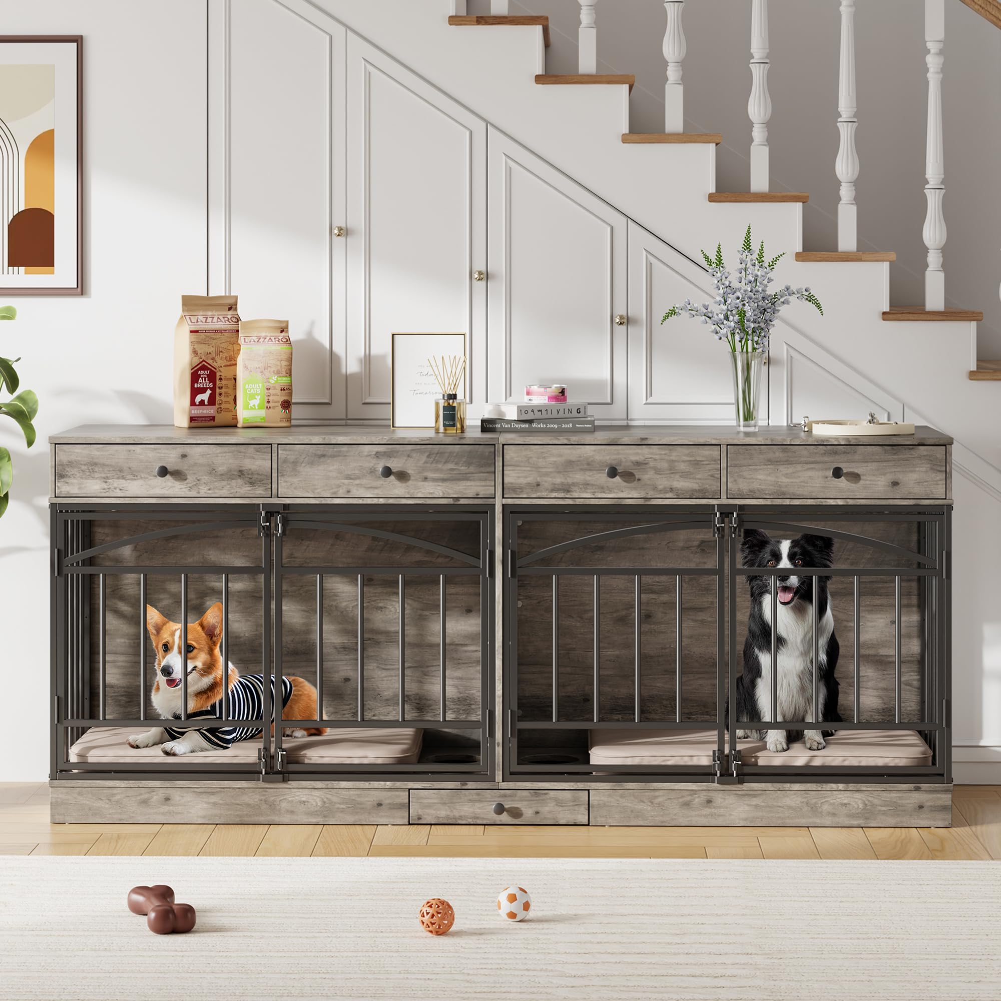 Photo 1 of ***FINAL SALE NO RETURN *** GarveeHome Dog Crate Furniture for 2 Dogs, Dog Kennel Indoor with 4 Storage Drawers and Feeding Bowls, Double Dog Crate TV Stand for Small Medium Dogs, Grey