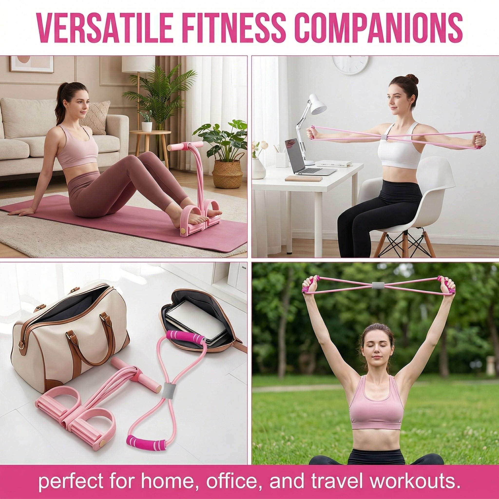 elastici fitness, Fitness Corda Eelastica per Pedali con Figura 8 Estrattori e Fasce Fitness, Corda Elastica in Gomma a 6 Tubi, Fasce per Esercizi Fitness Sicure Non Tossiche（Rosa）