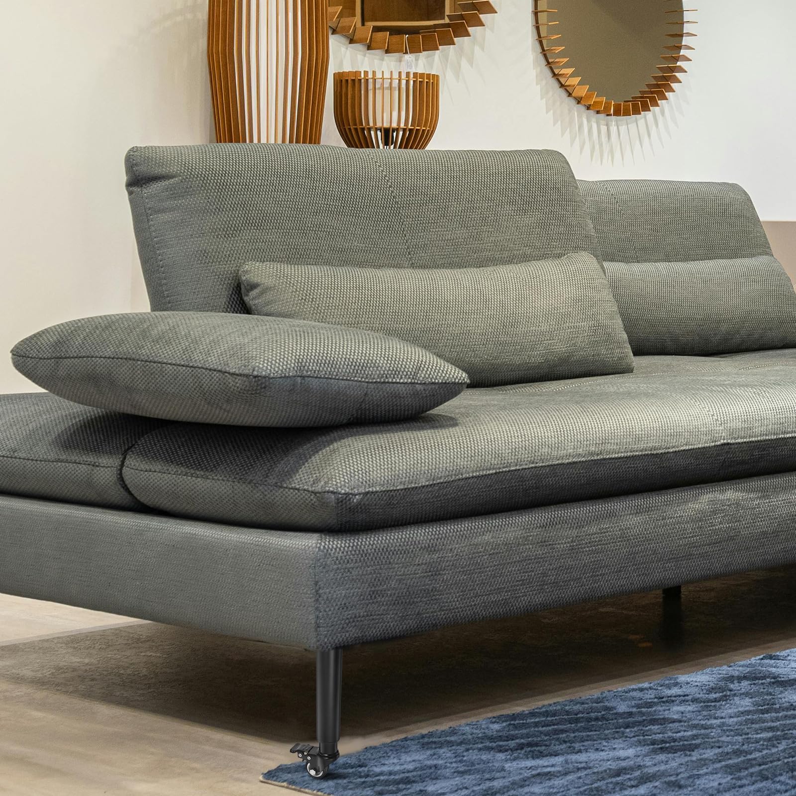 4 Pezzi Gambe Regolabili per Divano con Ruote, Supporto Metallico Nero