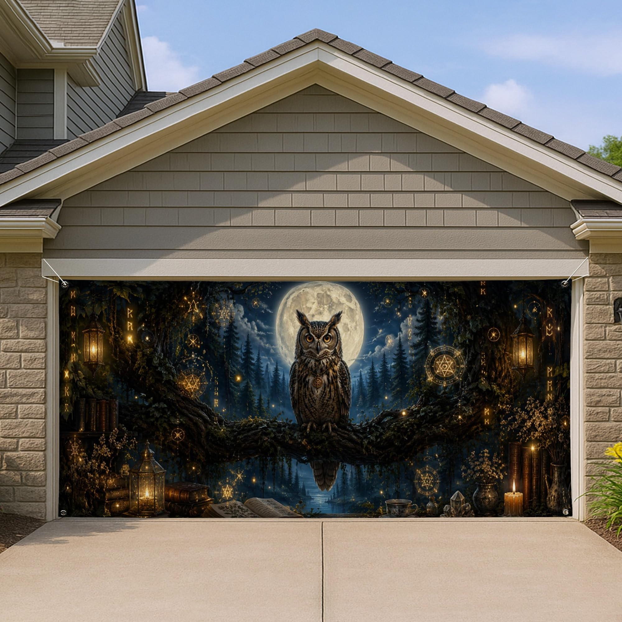 Couverture de porte de garage hibou 390x180cm pour camoufler un mur et décorer pour Halloween